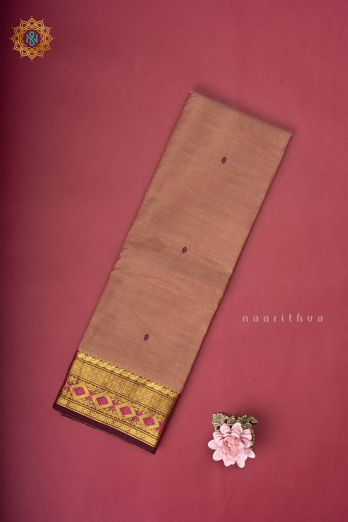 Mauve With Brown Chettinad Cotton Saree With Thread Woven Buttas & Contrast Border
