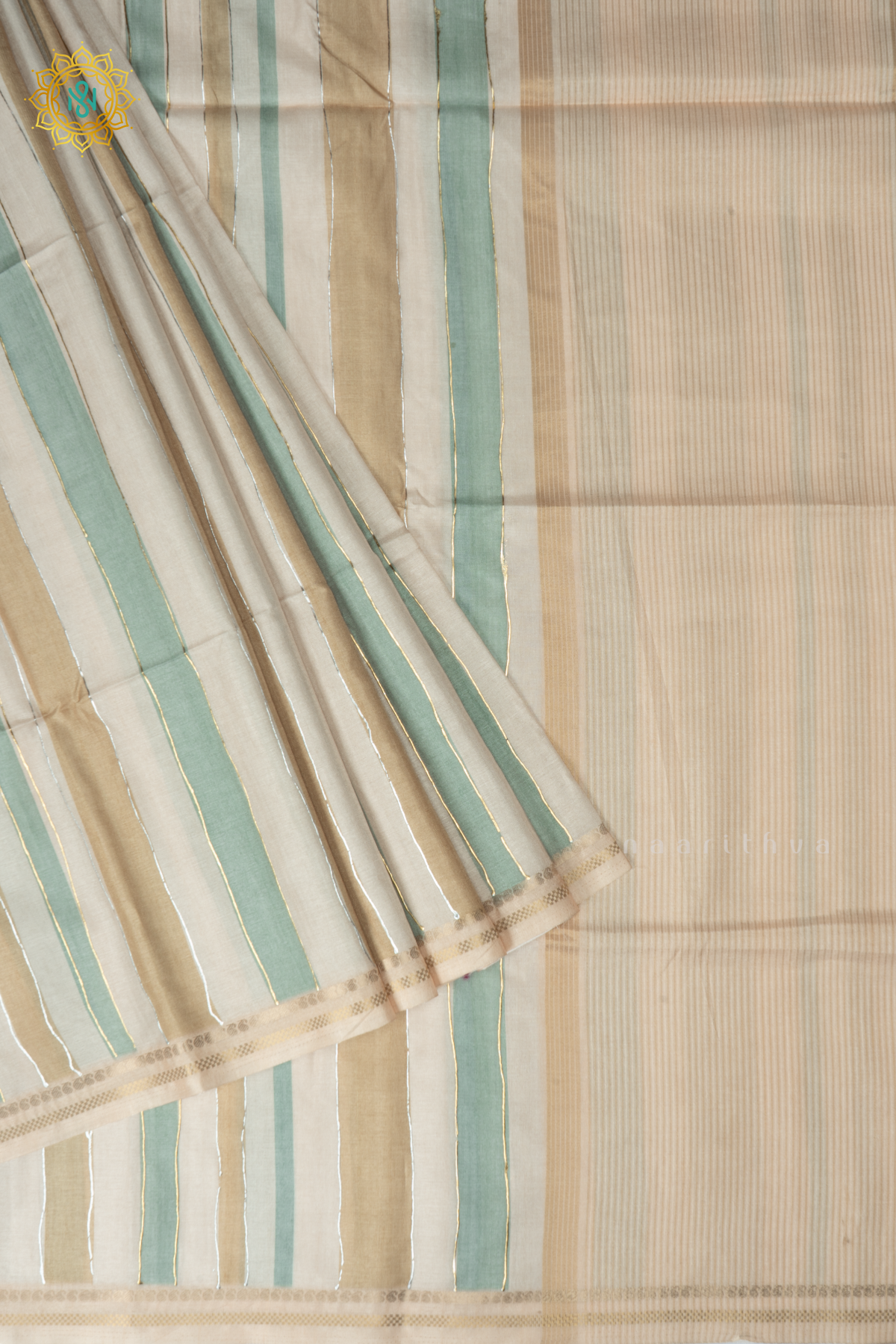 Beige With Pista Green Semi Tussar Silk Saree With Vertical Stripes & Contrast Pallu