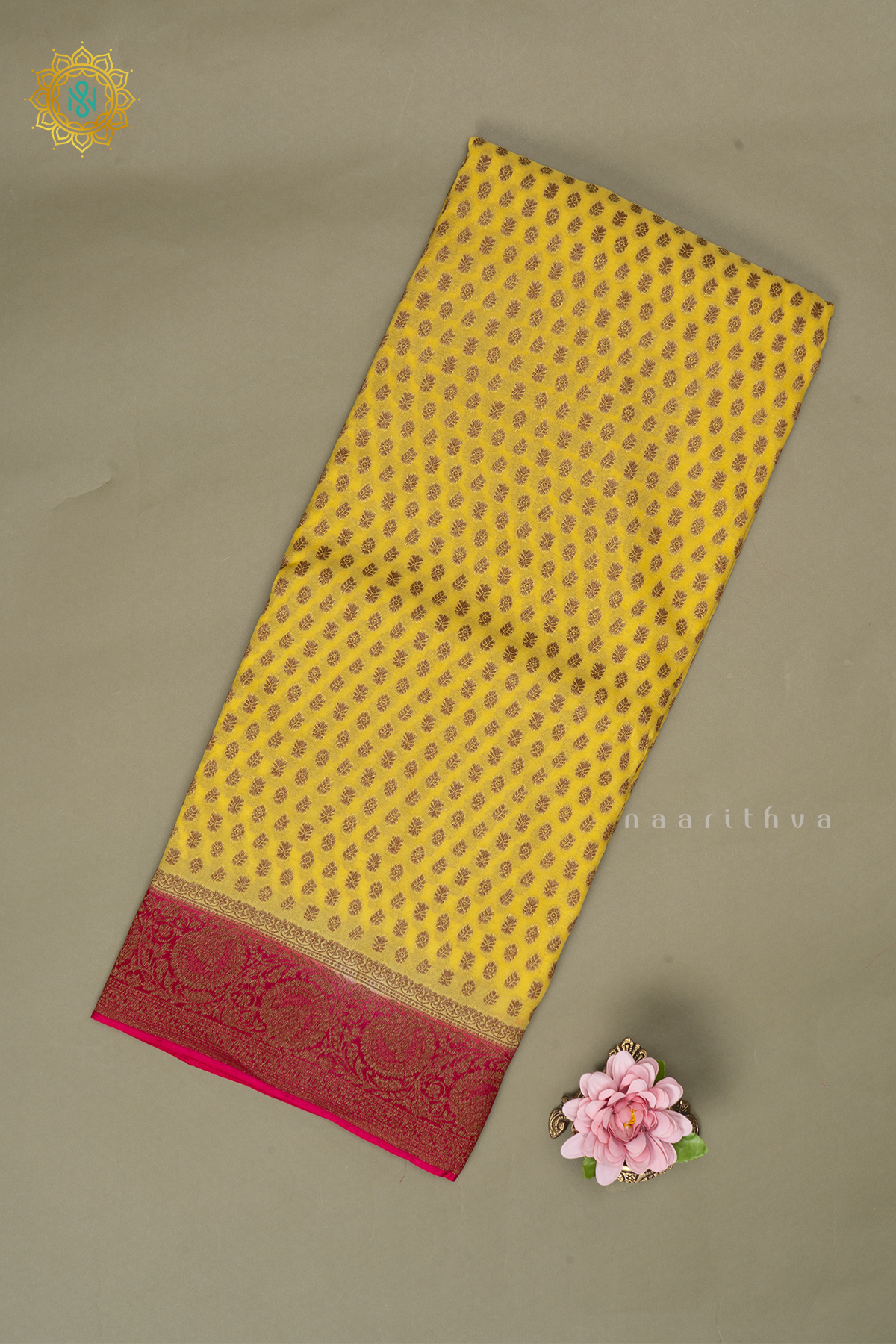 Yellow With Pink Semi Banarasi Georgette Saree Allover Zari Buttas On The Body With Contrast Zari Border & Pallu