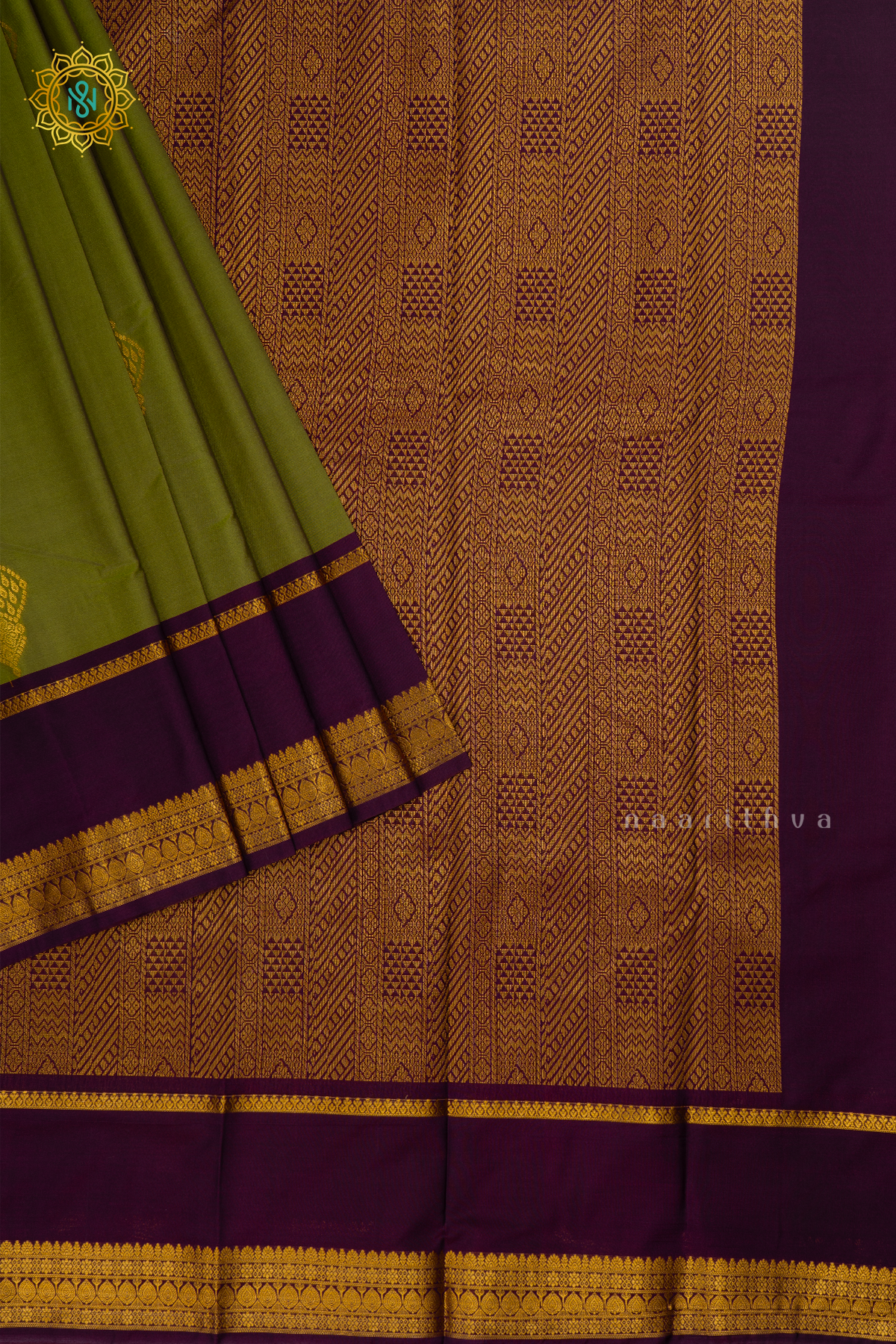 Light Green with Deep Wine Semi Kanchi Saree With Zari Buttas All Over And Contrast Zari Gap Border