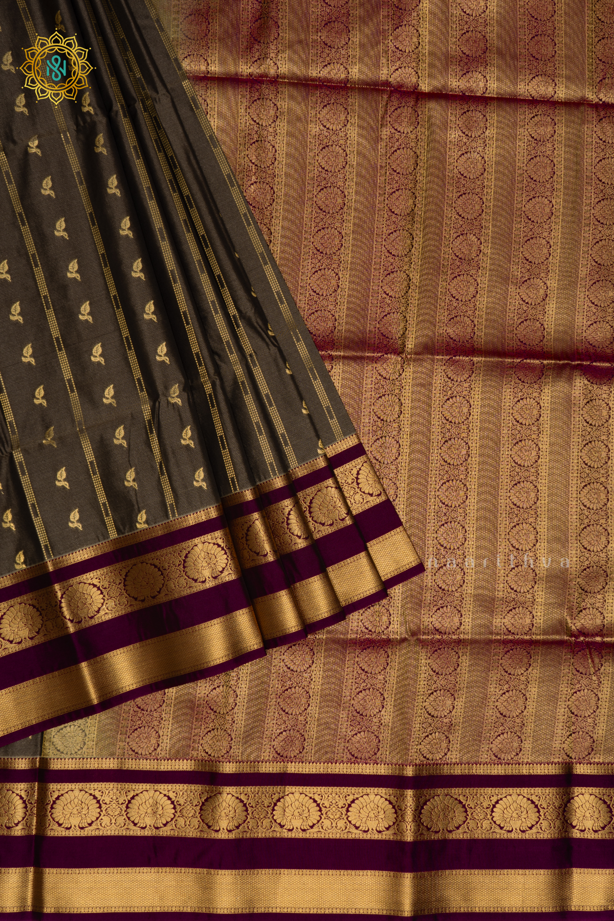 DUAL SHADE OF GREEN WITH WINE - SEMI KANCHI SAREE ALLOVER ZARI BUTTAS AND CONTRAST GAP BORDER