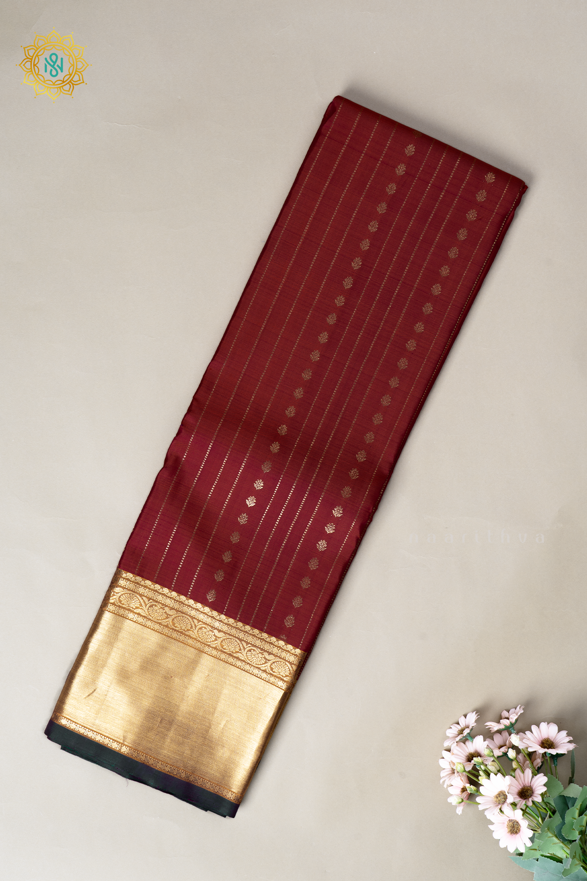Red With Mustard Pure Kanjivaram Silk Saree Zari Stripes & Buttas On The Body With Contrast Zari Border & Pallu