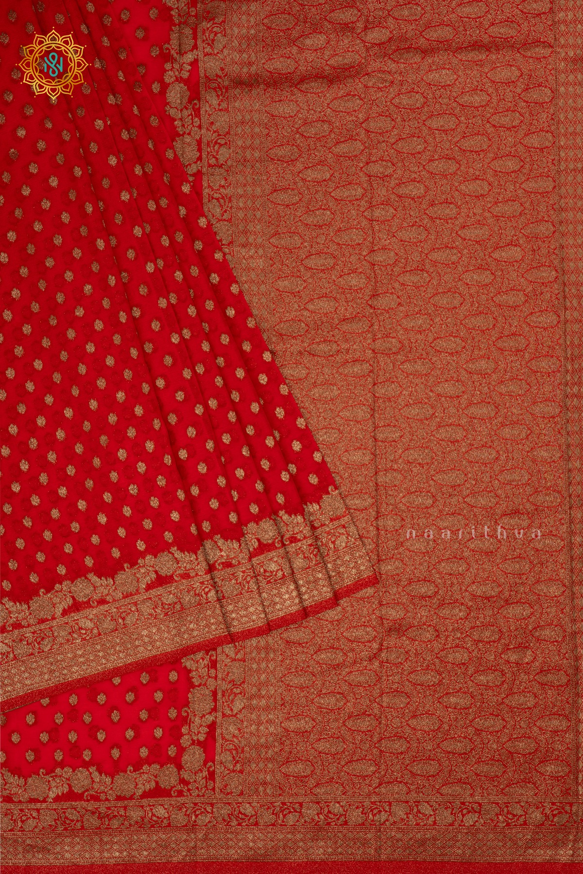 #CNMRed - Semi georgette saree with allover zari buttas and zari border