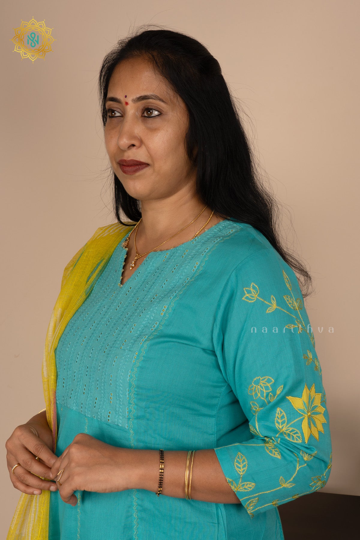 Aqua Blue with Yellow Mul Chanderi 3Pc Salwar Suit With Kota Cotton Dupatta