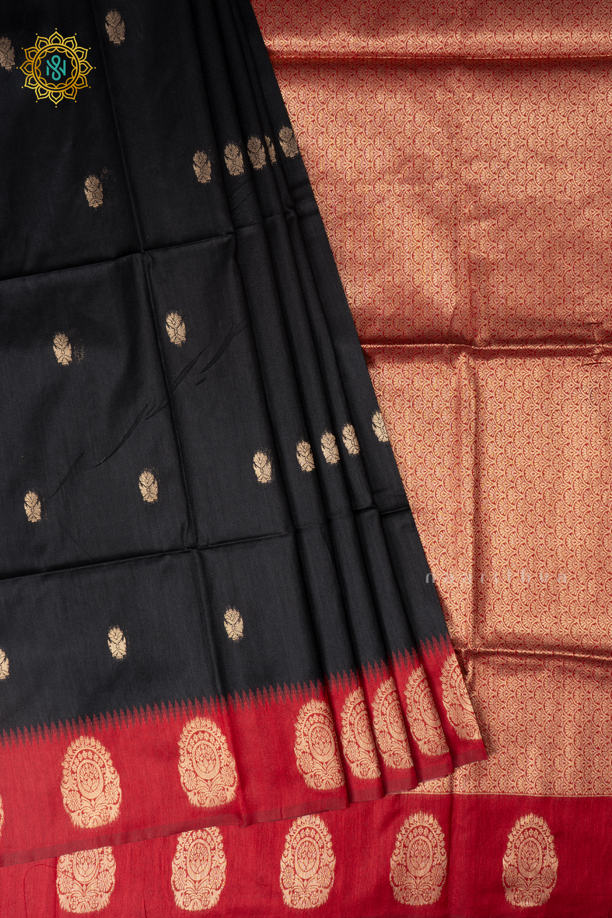 Black With Red Semi Raw Silk Saree Zari Buttas On The Body With Contrast Zari Border & Pallu