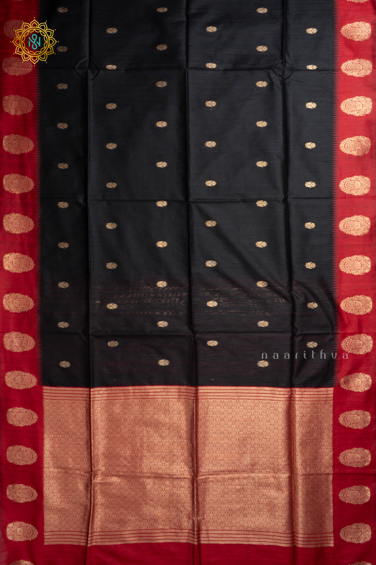Black With Red Semi Raw Silk Saree Zari Buttas On The Body With Contrast Zari Border & Pallu