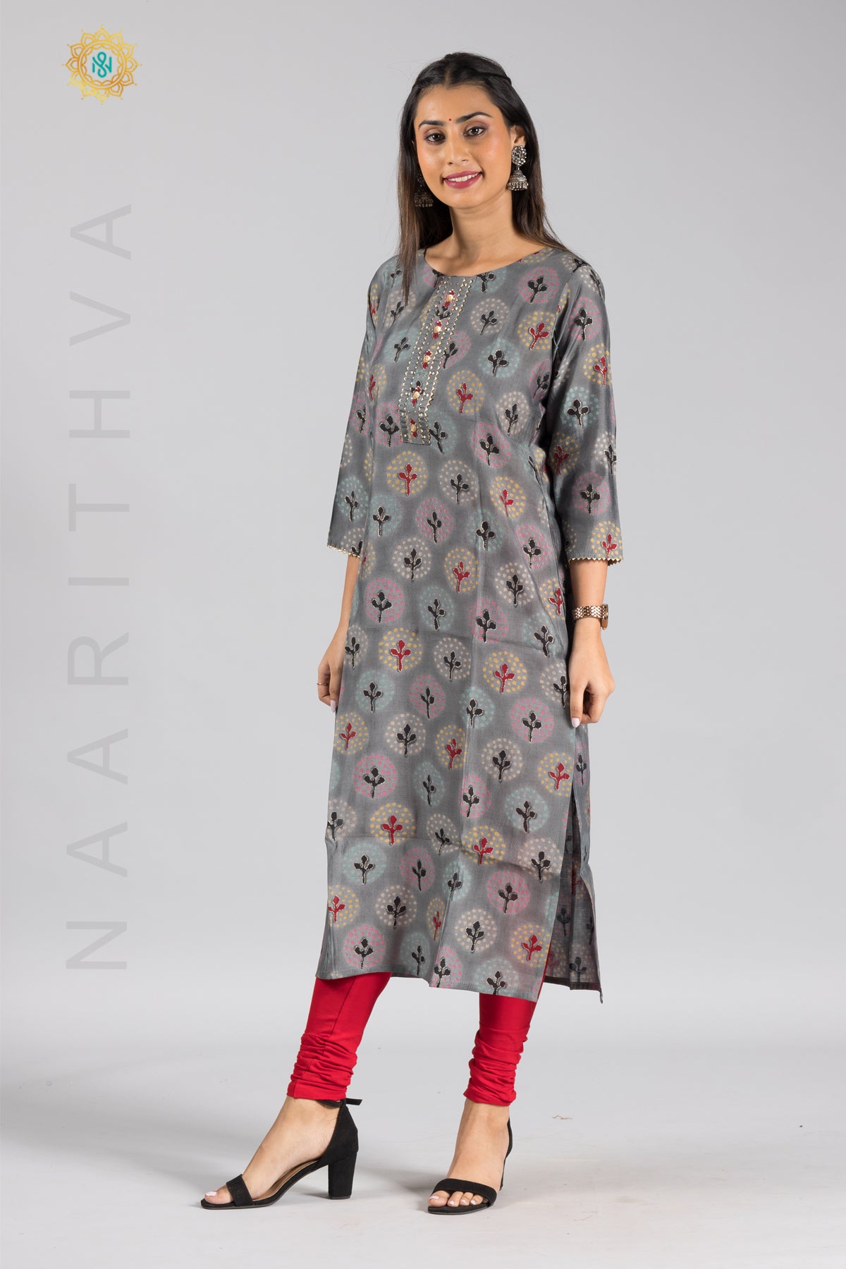 GREY - MODAL SILK CASUAL PRINTED STRAIGHT CUT KURTI WITH NECK EMBROIDERY
