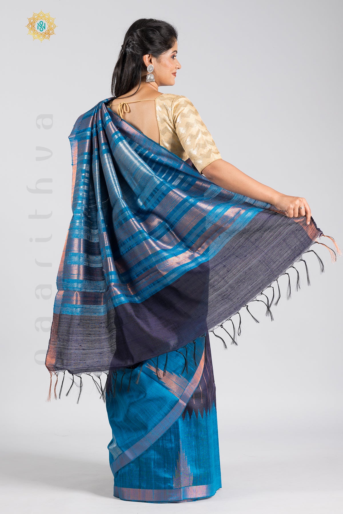 NAVY BLUE WITH SKY BLUE - PURE TUSSAR SILK WITH ZARI STRIPES ON THE BODY & TEMPLE BORDER