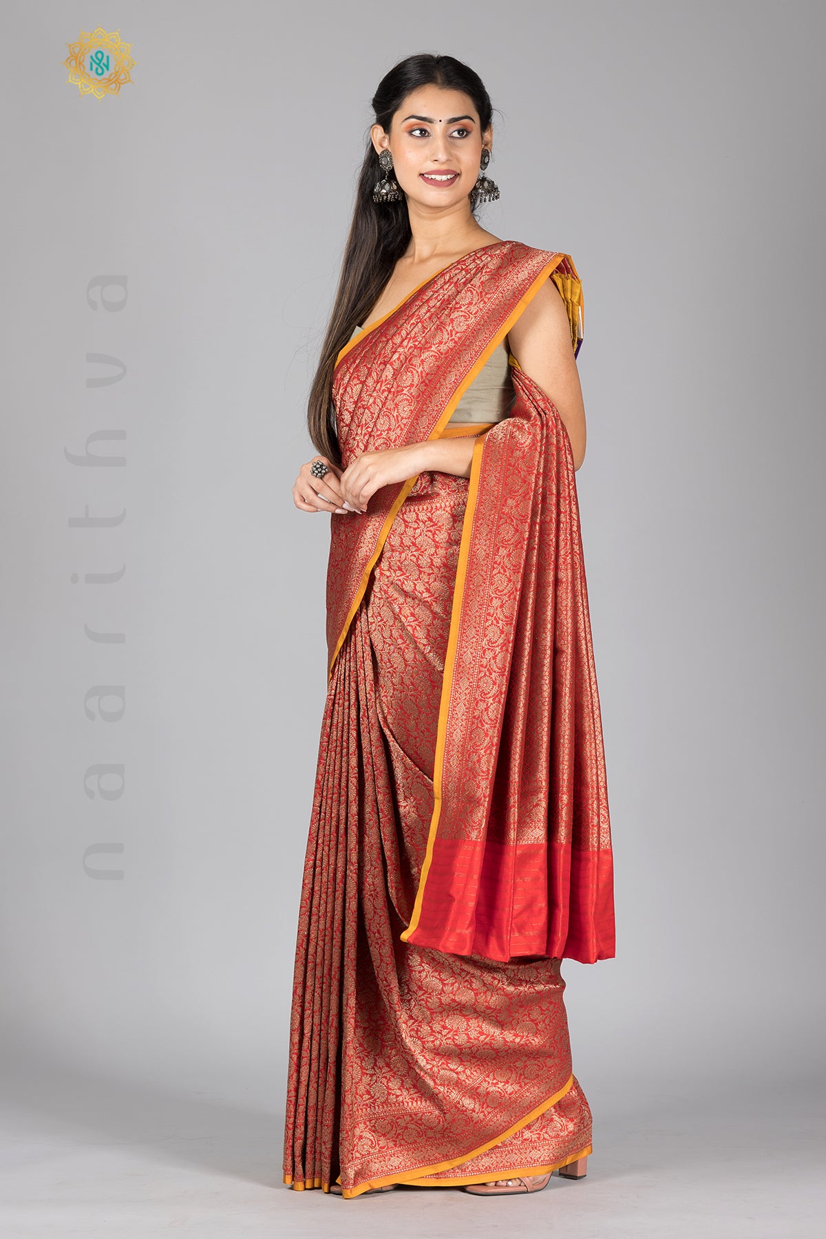 RED WITH YELLOW - PURE HANDLOOM KATAN SILK WITH ANTIQUE ZARI WEAVES & CONTRAST BLOUSE
