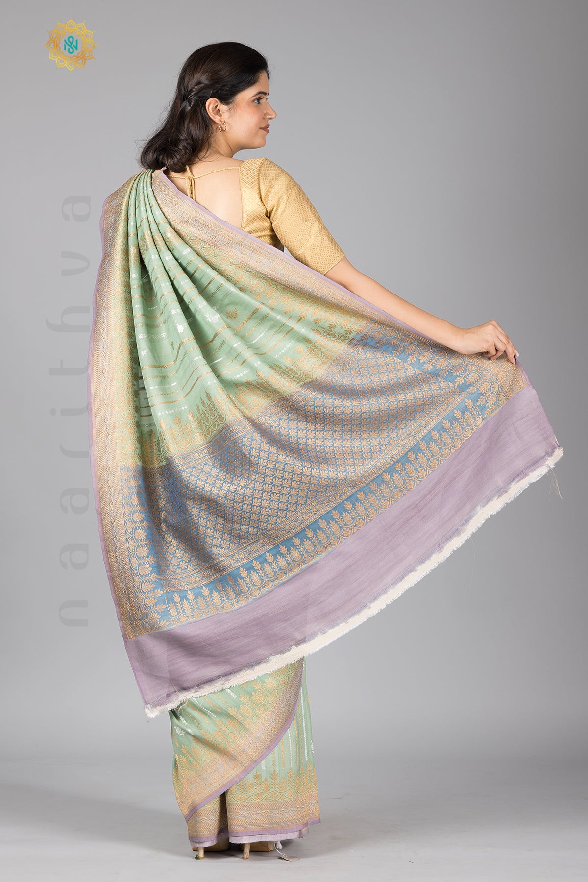 GREEN WITH LAVENDER - PURE HANDLOOM TUSSAR GEORGETTE WITH WATER ZARI WEAVES