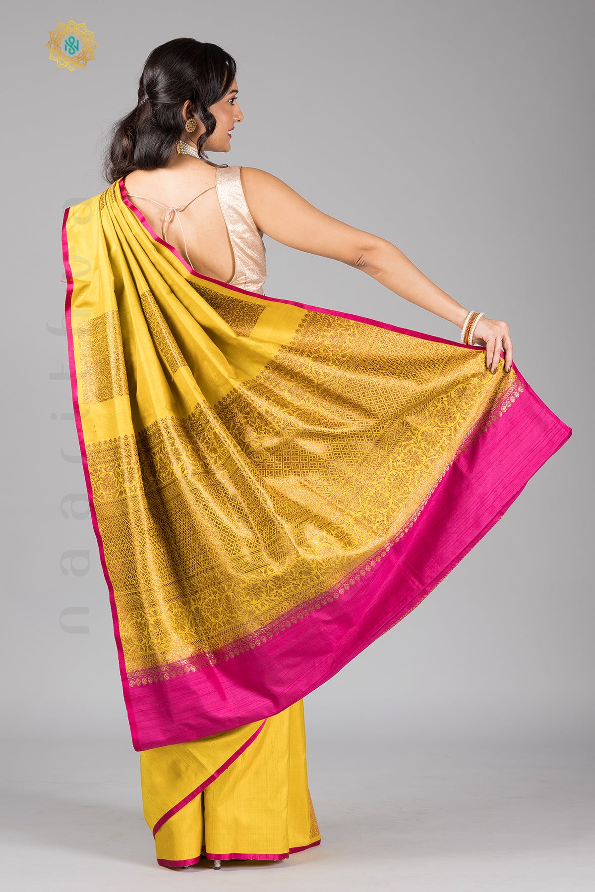 YELLOW WITH PINK - PURE RAW SILK WITH ZARI WOVEN SQUARE BUTTAS & BROCADE BLOUSE