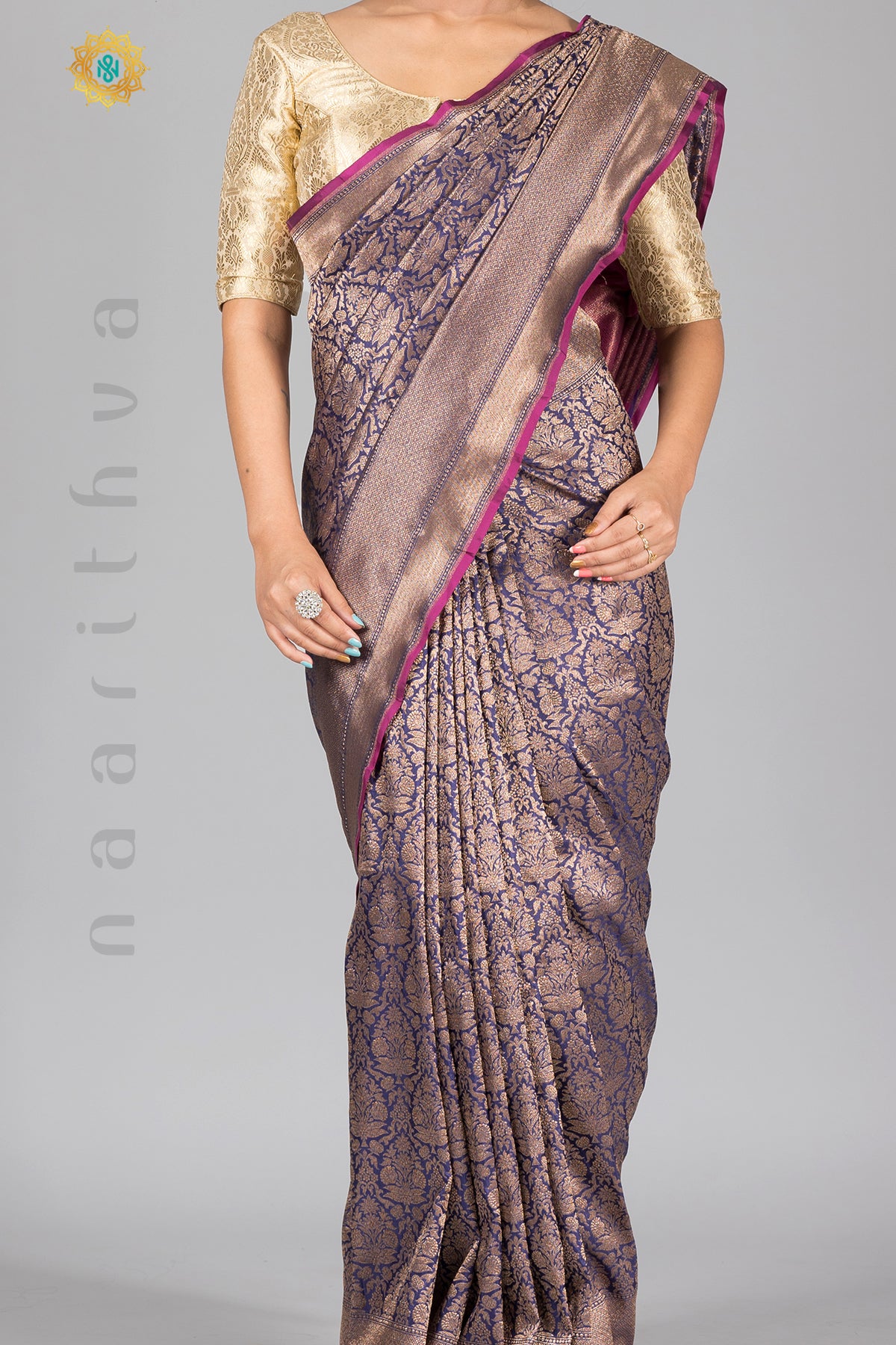 PURPLE WITH PINK - PURE HANDLOOM KATAN SILK WITH ANTIQUE ZARI WEAVES & CONTRAST BLOUSE
