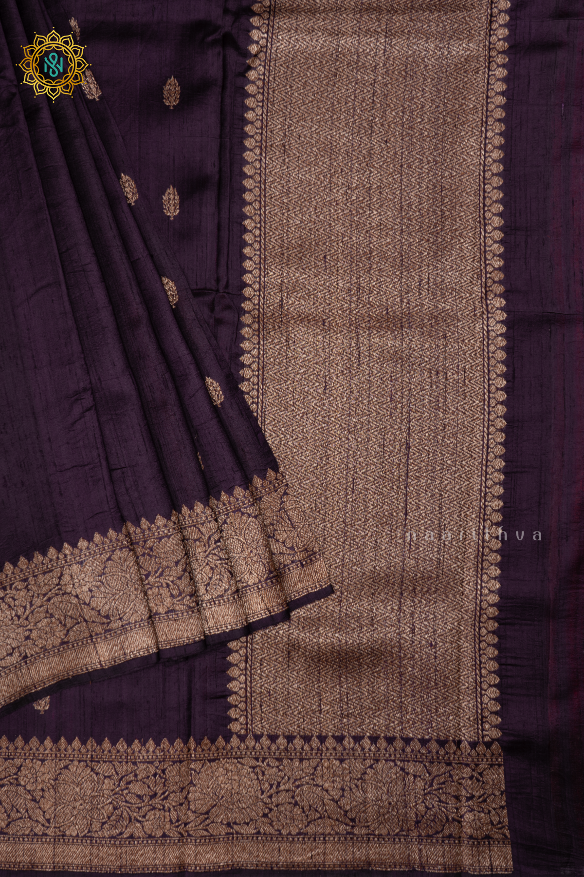 DEEP PURPLE - PURE BANARASI RAW SILK SAREE WITH ALLOVER ZARI WOVEN BUTTAS AND  BORDER