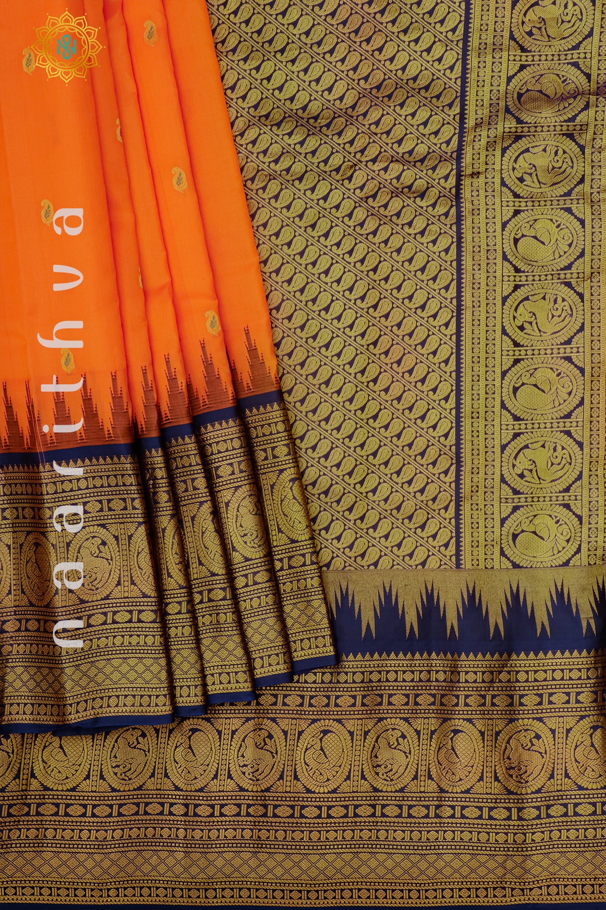 ORANGE WITH NAVY BLUE - PURE GADWAL SILK