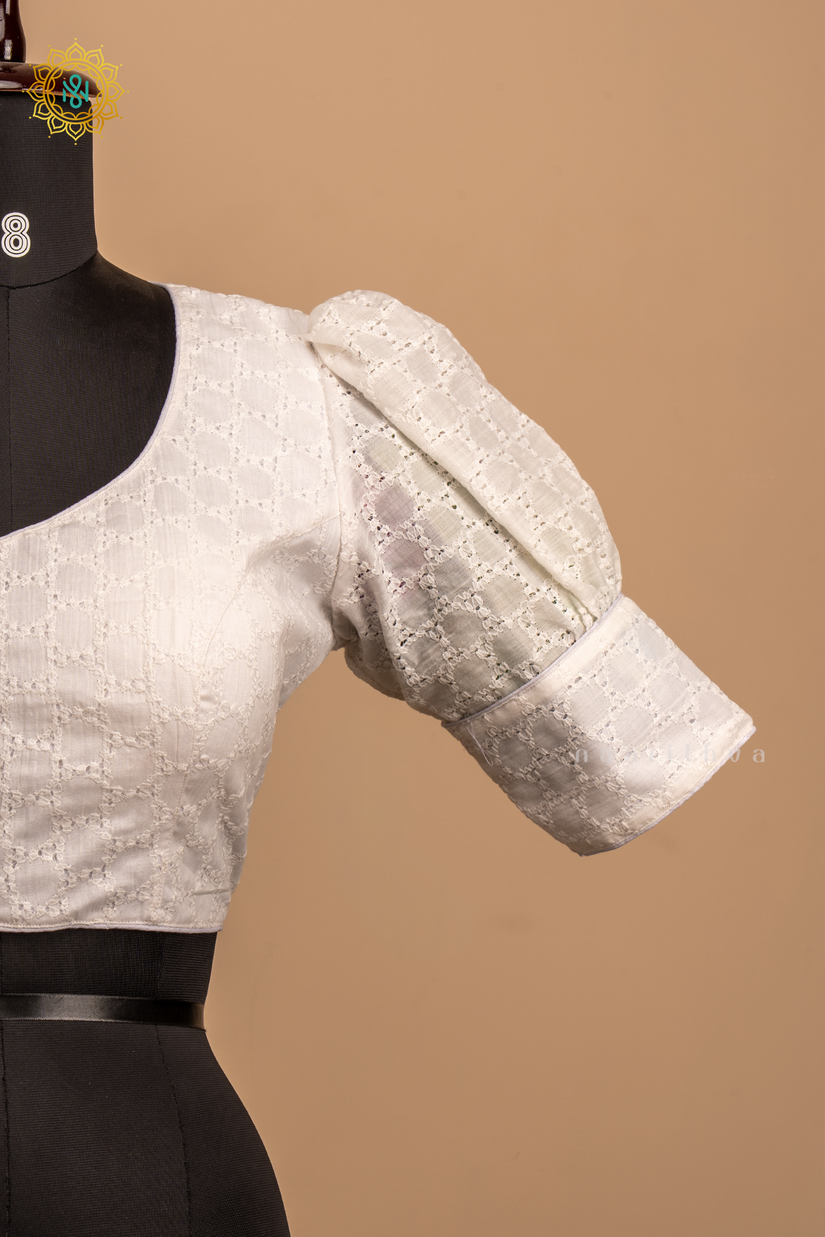 White - Cotton readymade blouse with hakoba work and puff sleeves