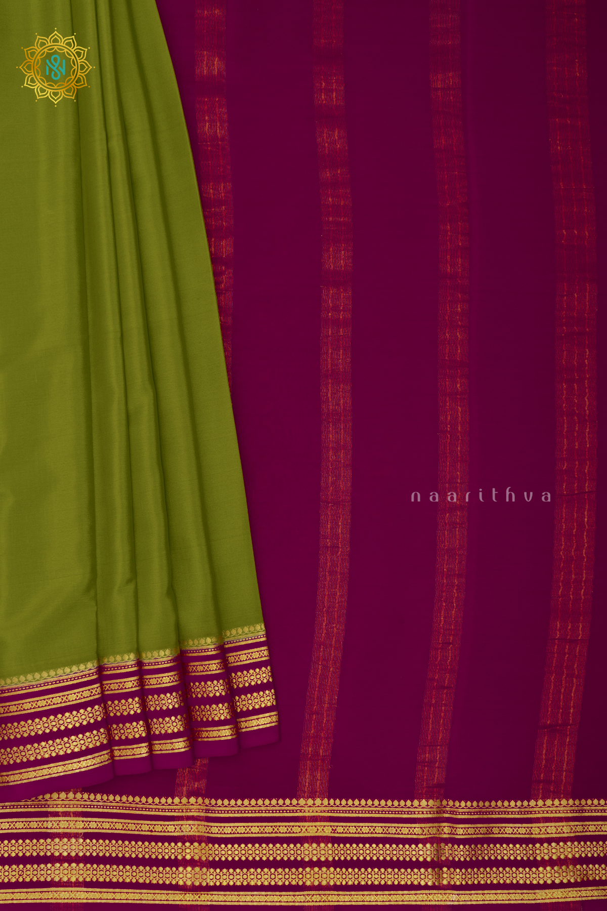 PARROT GREEN WITH PINK - PURE MYSORE CREPE SILK
