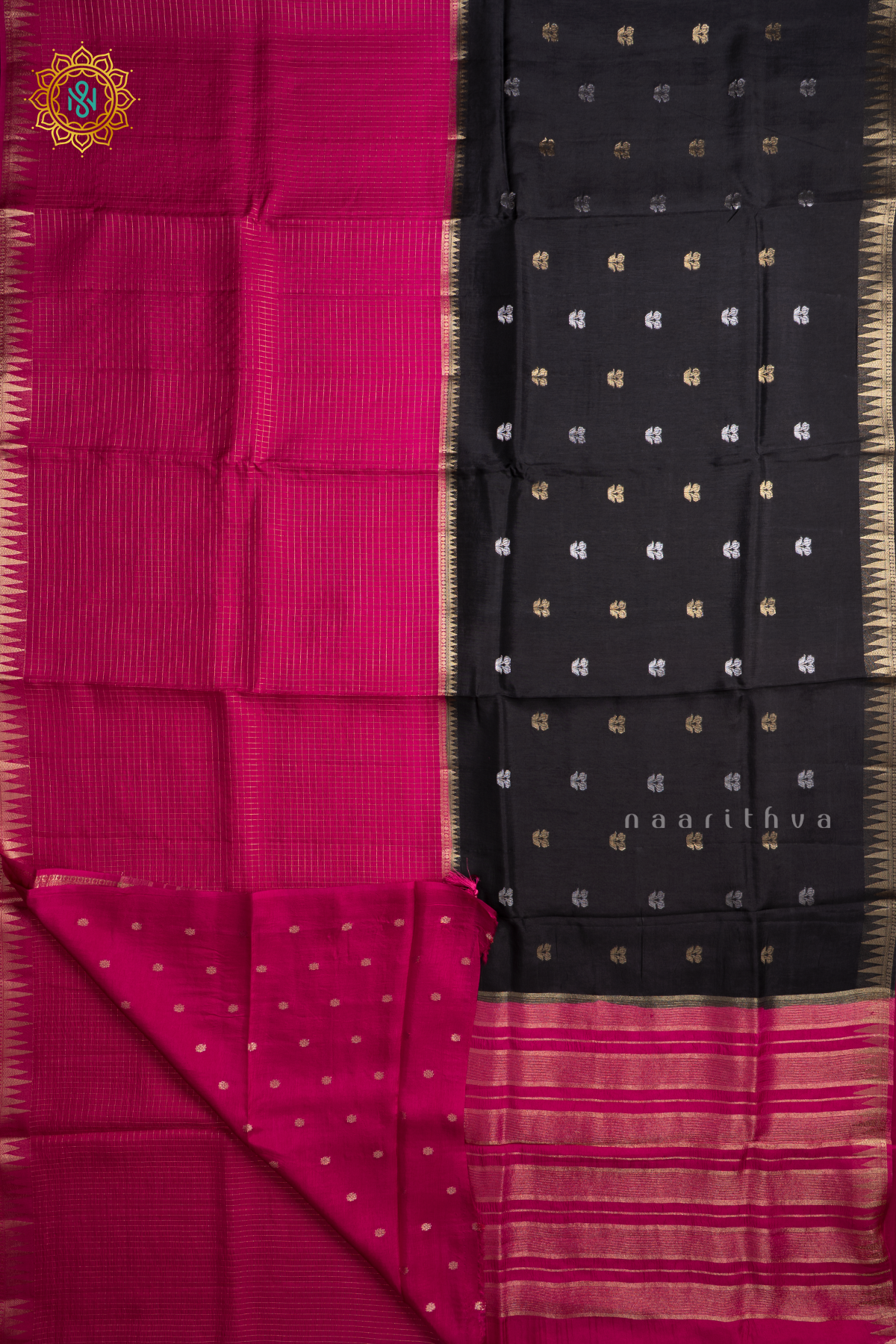 Black With Pink Semi Crepe Silk Saree With Zari Checks & Buttas On The Body With Half & Half Pattern