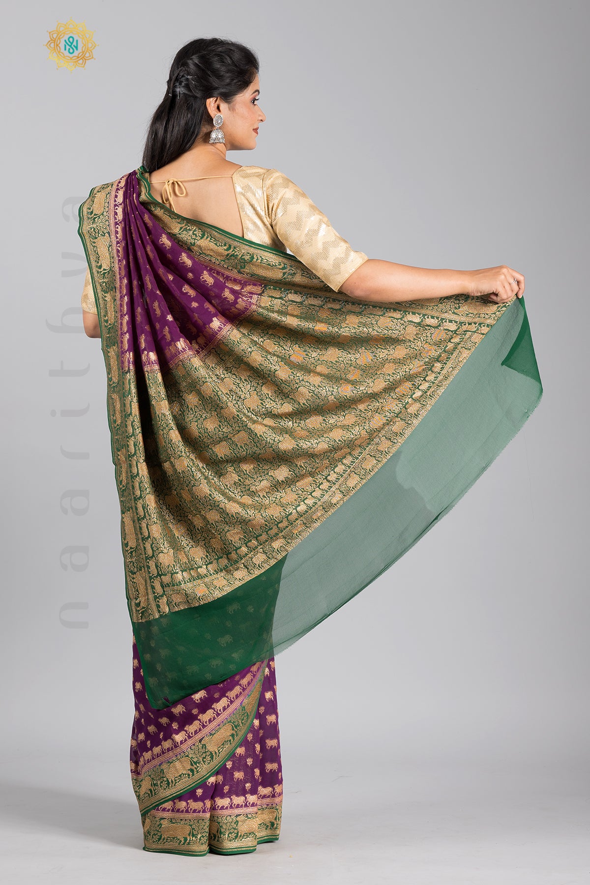 PURPLE WITH GREEN - PURE HANDLOOM GEORGETTE BANARAS IN PICHWAI ANTIQUE ZARI WEAVING WITH CONTRAST BORDER & BLOUSE