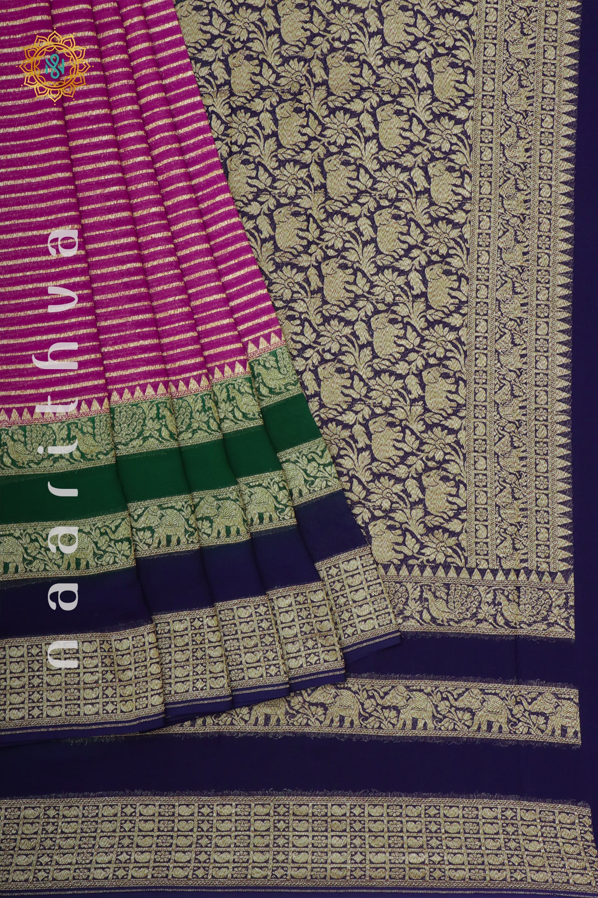 PINK WITH GREEN & NAVY BLUE - PURE BANARASI KHADDI GEORGETTE