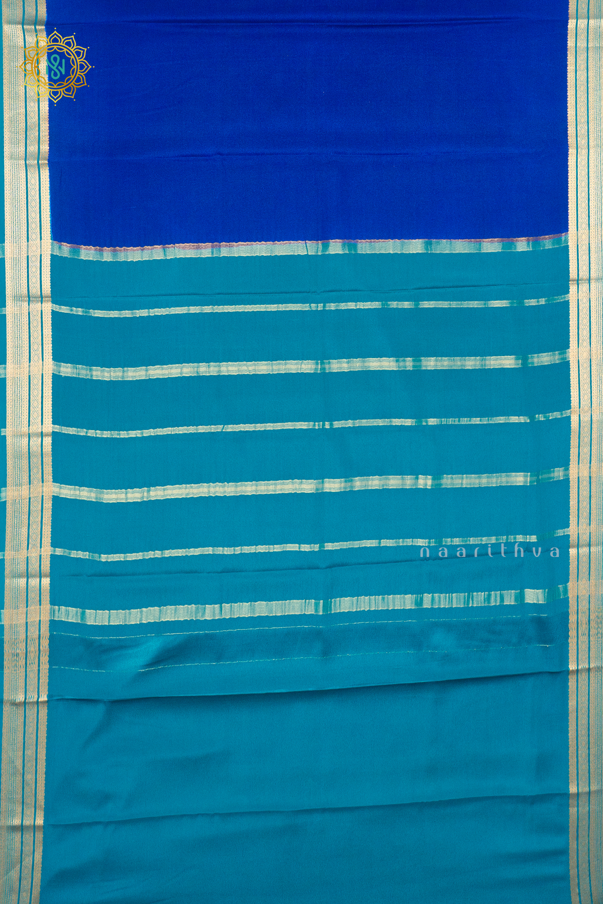 ROYAL BLUE WITH SKY BLUE - PURE MYSORE CREPE SILK