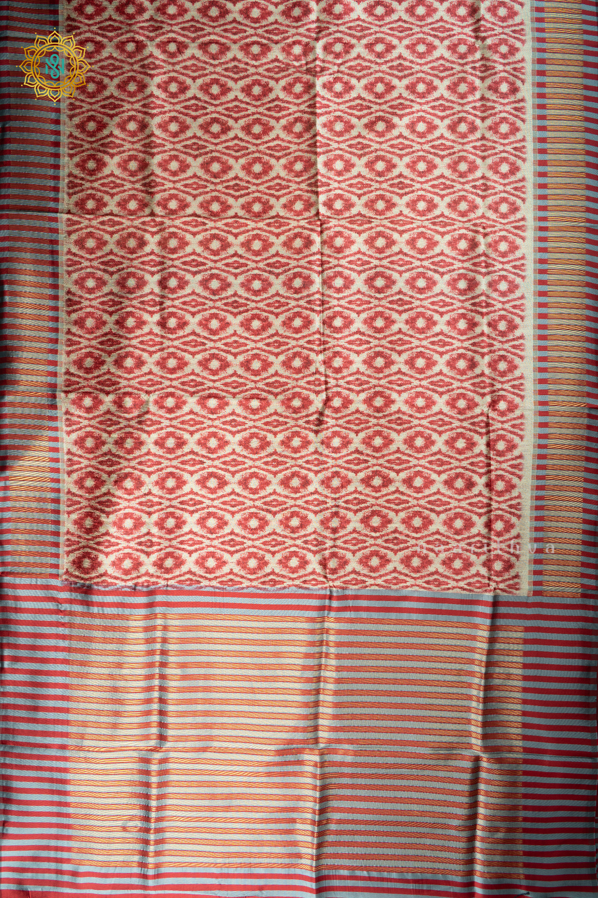 Beige With Red Semi Tussar Silk With Printed Body With Zari Border & Pallu