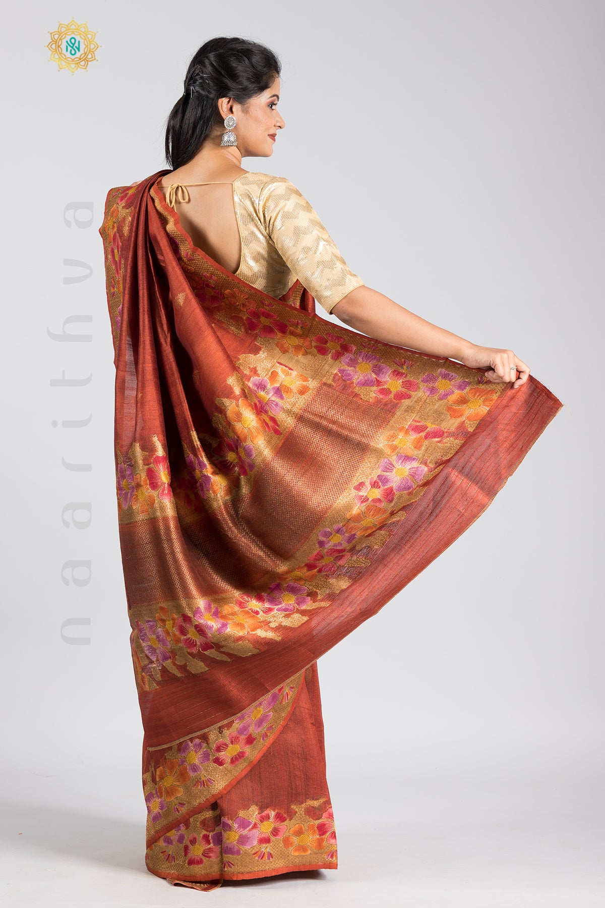 RUST ORANGE - PURE TUSSAR SILK WITH ZARI WOVEN HAND BRUSH BORDER & PALLU