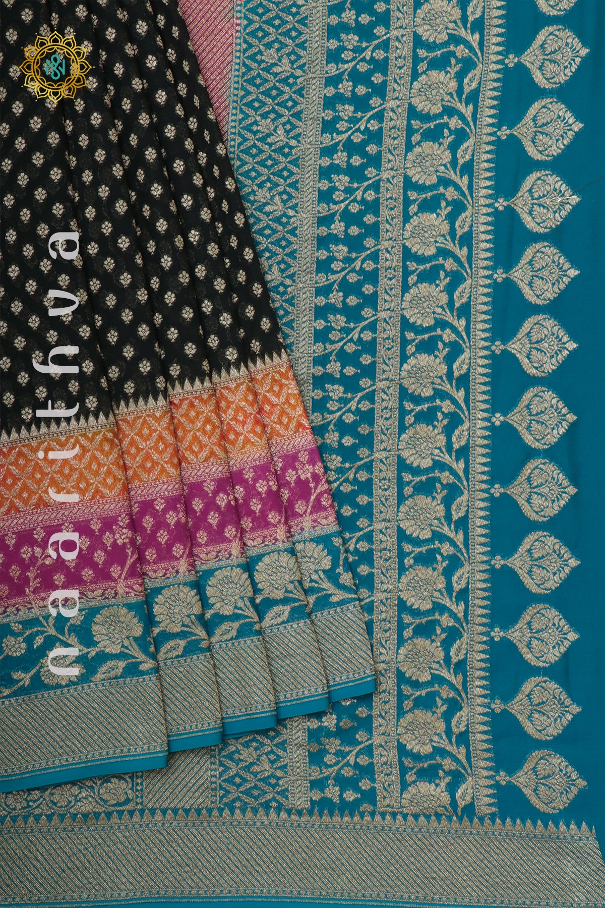 BLACK WITH ORANGE, PINK & SKY BLUE - PURE BANARASI KHADDI GEORGETTE