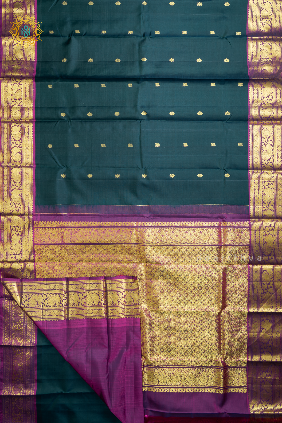 Peacock Blue With Magenta Pure Kanjivaram Silk Saree Zari Buttas On The Body With Contrast Zari Border & Pallu