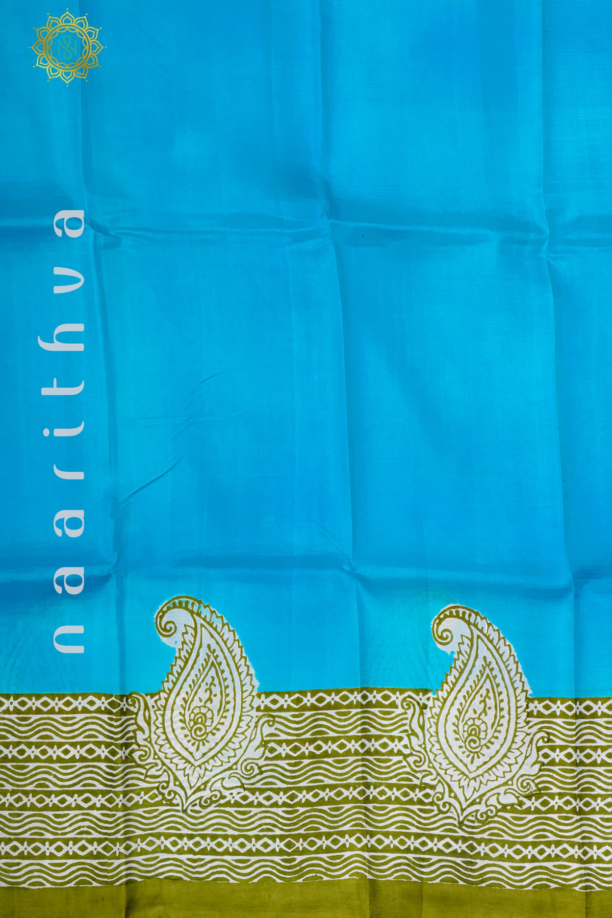 SKY BLUE WITH GREEN - PURE MULBERRY SILK WITH BLOCK PRINT