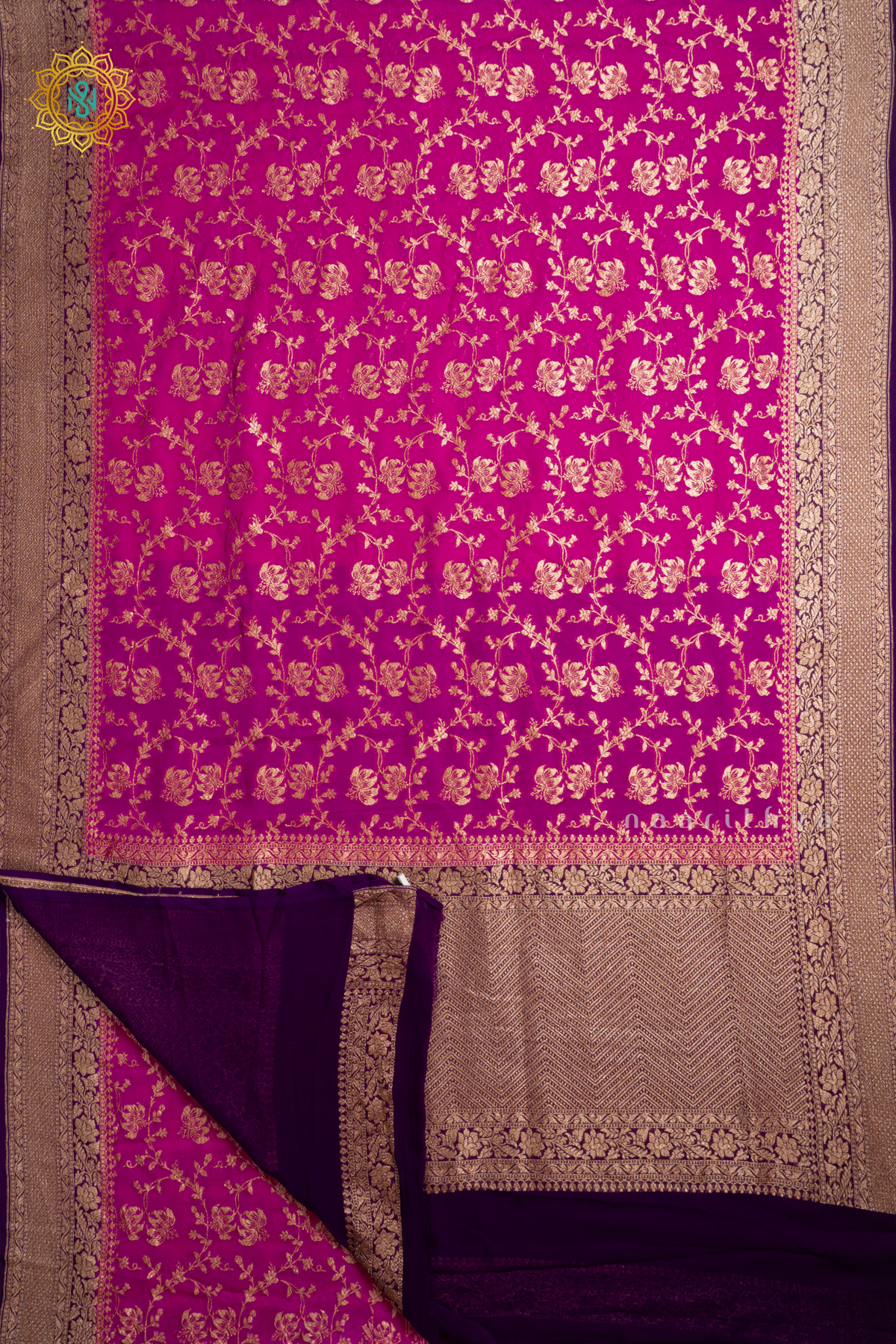 Pink With Purple Pure Banarasi Khaddi Georgette Allover Antique Zari Brocade Weaves On The Body With Contrast Zari Border & Pallu