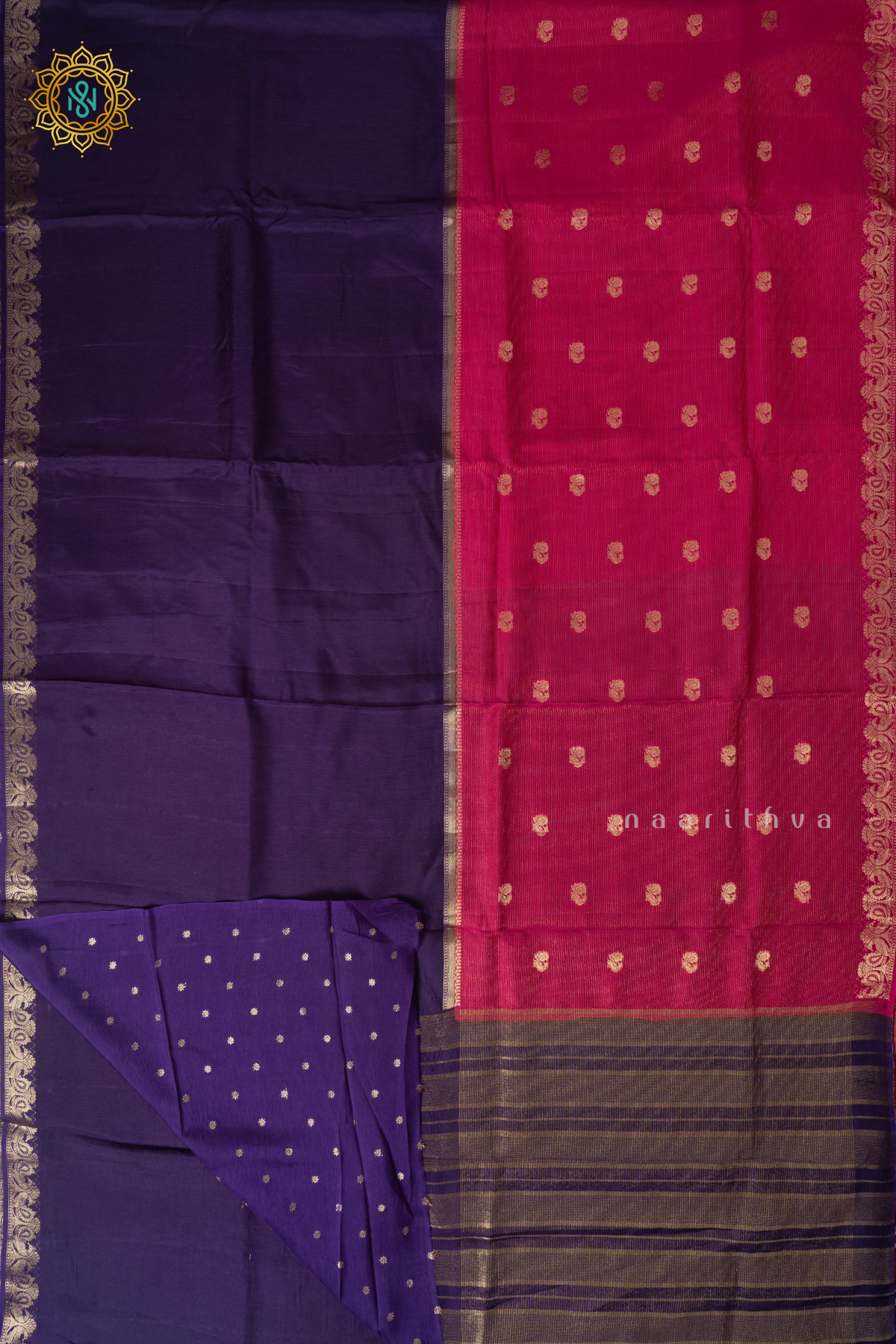 Pink With Purple Semi Crepe Silk Saree With Zari Stripes & Buttas On The Body With Half & Half Pattern