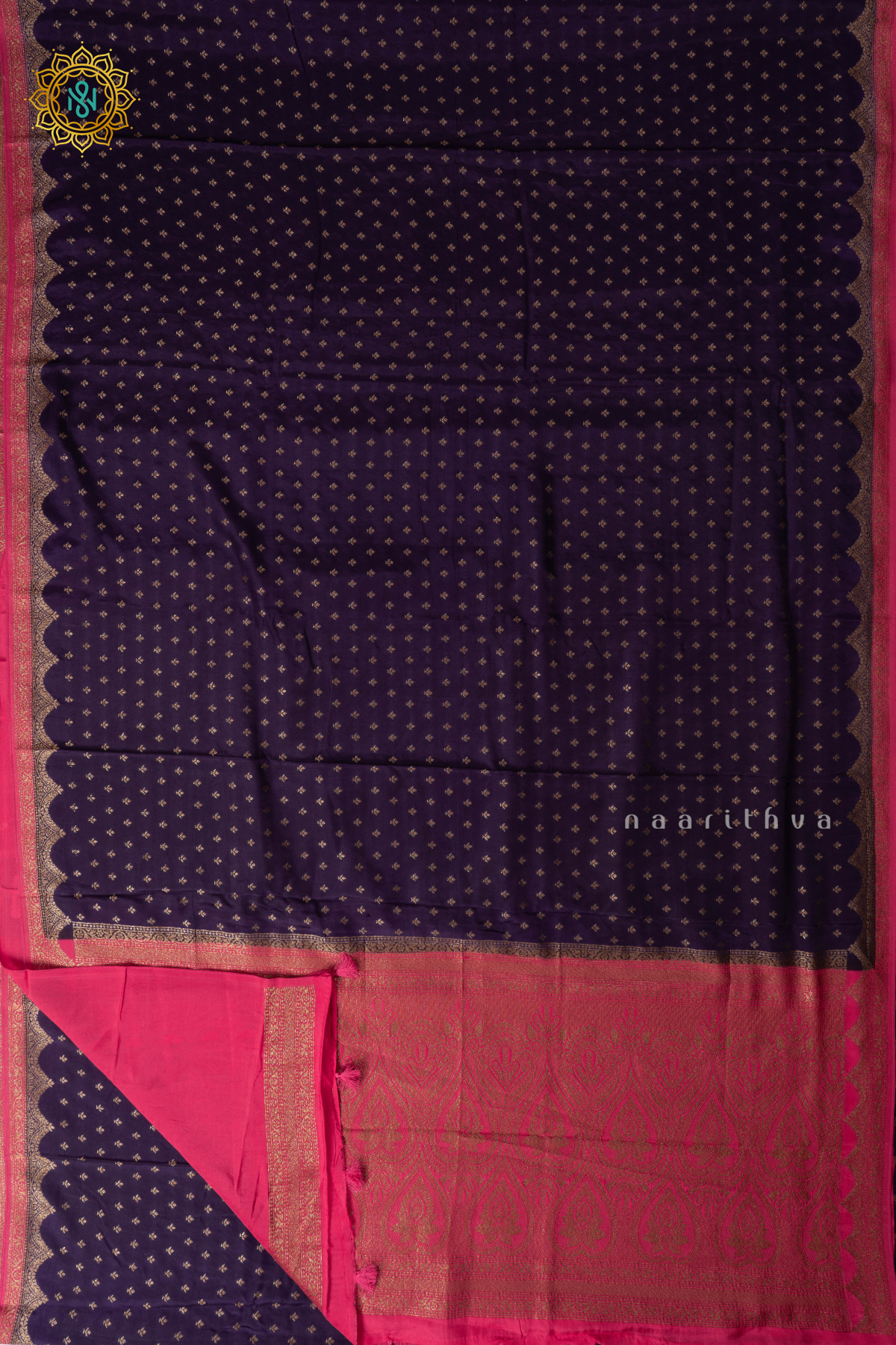 Purple with Pink Semi Crepe Silk with Allover Woven Buttas and Contrast Scallop Zari Border,Pallu and Blouse