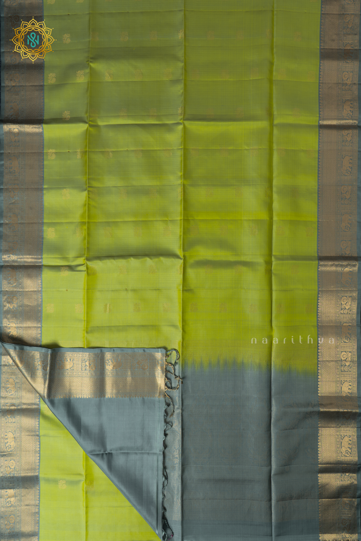 Parrot Green With Grey Pure Kanjivaram Soft Silk Pure Kanjivaram Soft Silk Saree With Allover Zari Buttas & Contrast Zari Border