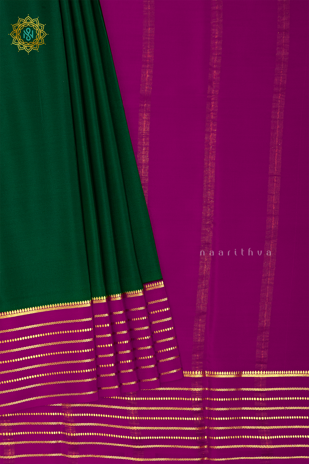 BOTTLE GREEN WITH PINK - PURE MYSORE CREPE SILK