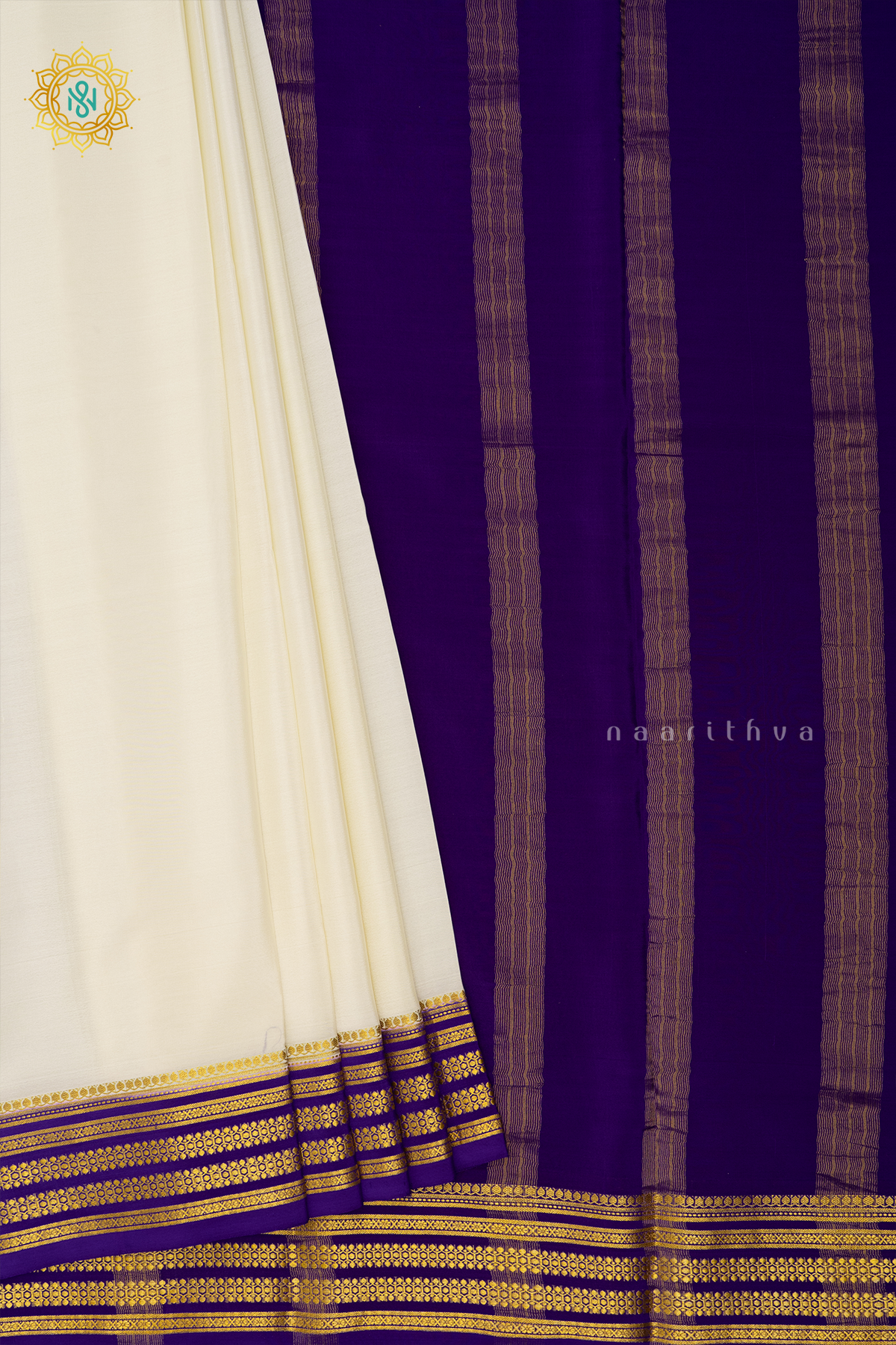 WHITE WITH VIOLET - PURE MYSORE CREPE SILK