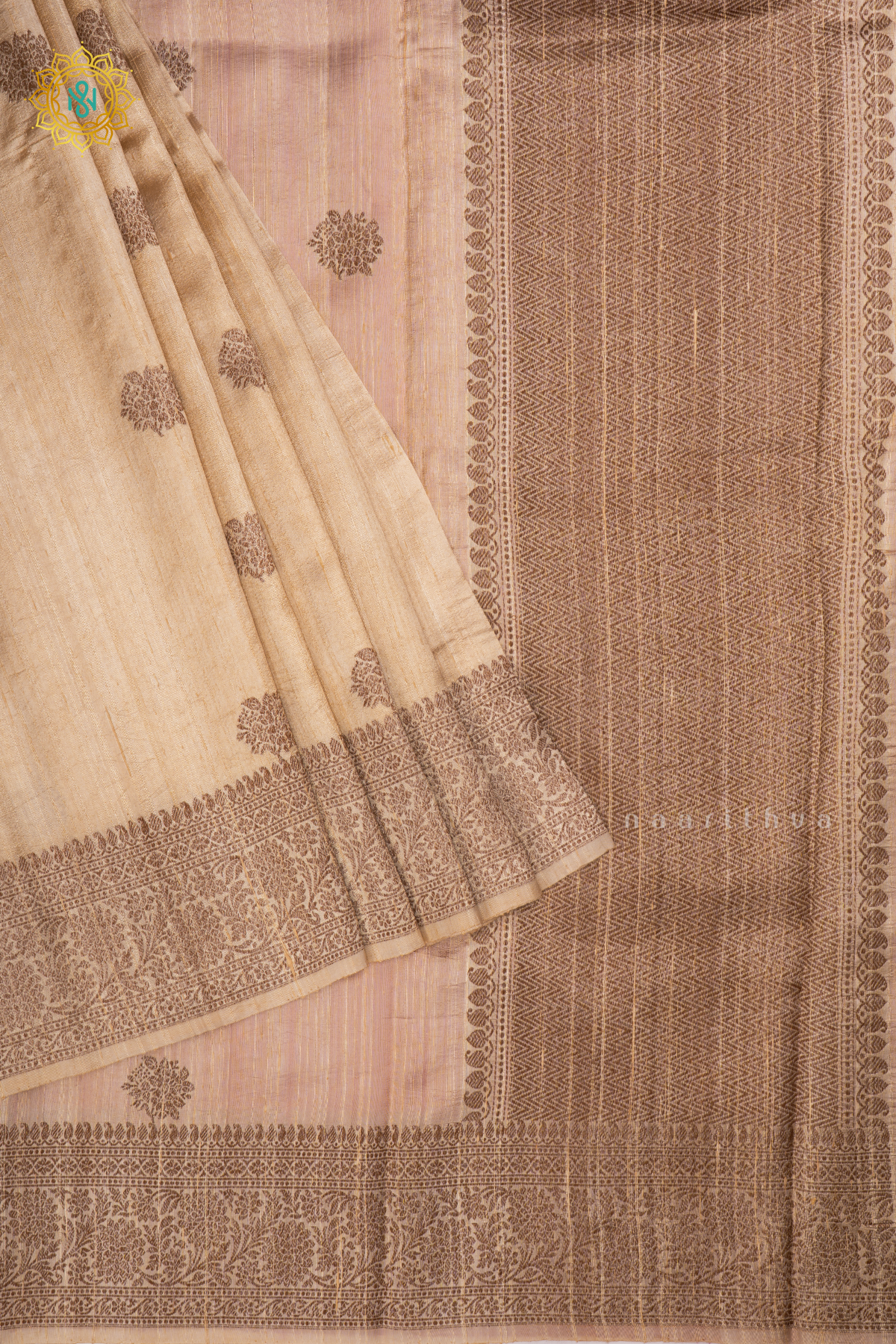 Off White with Pink Pure Banarasi Raw Silk Saree With Allover Zari Buttas And Zari Border