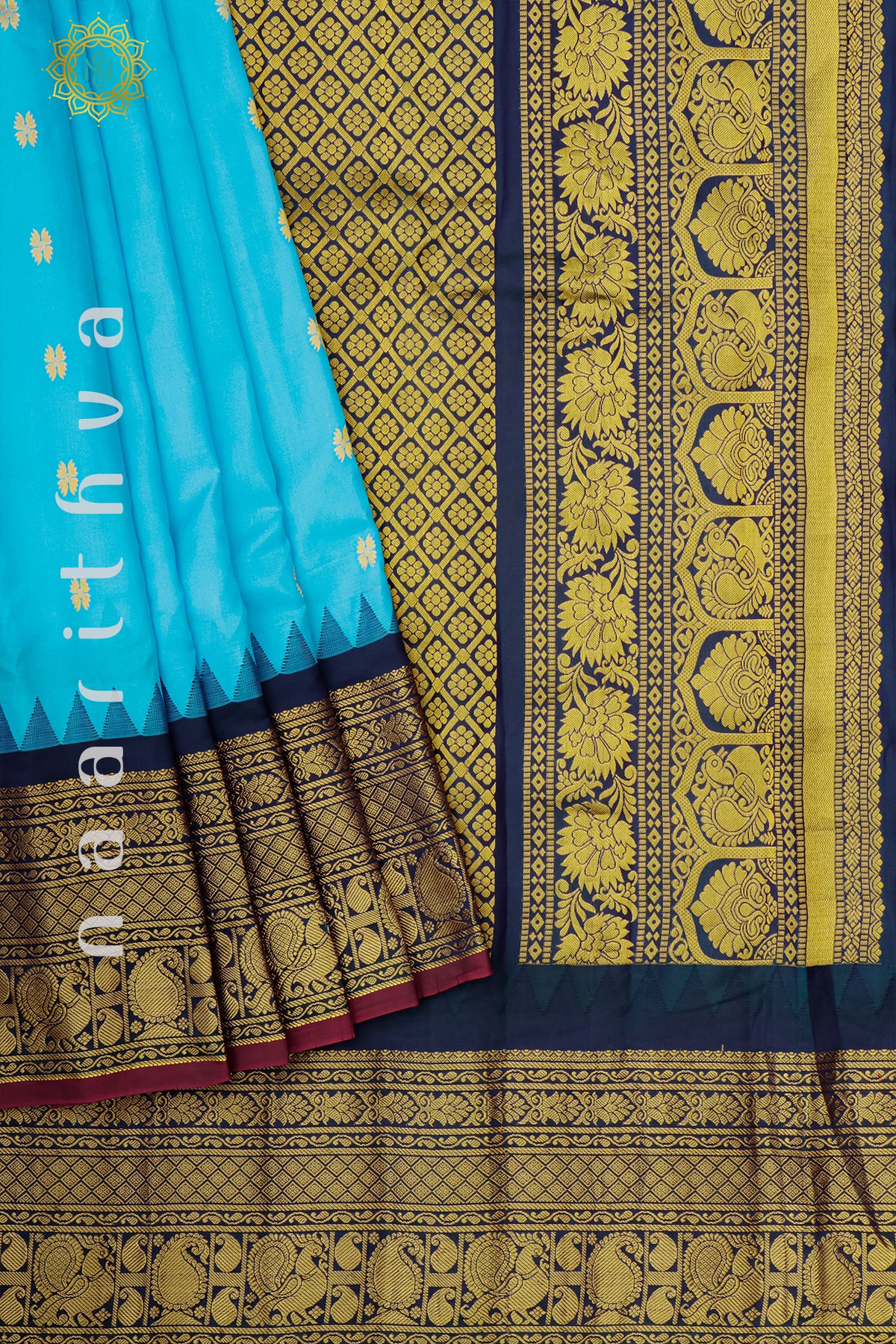 AQUA BLUE WITH PEACOCK BLUE - PURE GADWAL SILK