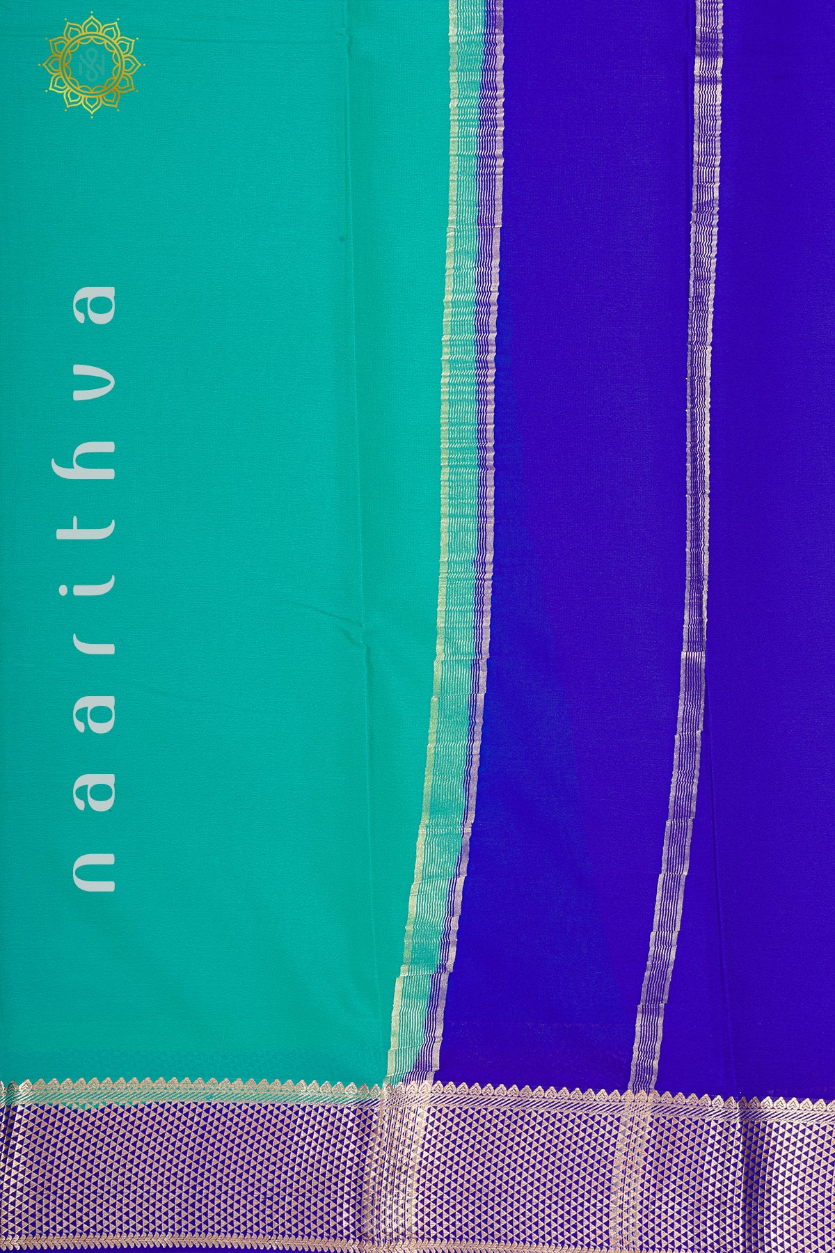 AQUA BLUE WITH ROYAL BLUE - PURE MYSORE CREPE SILK