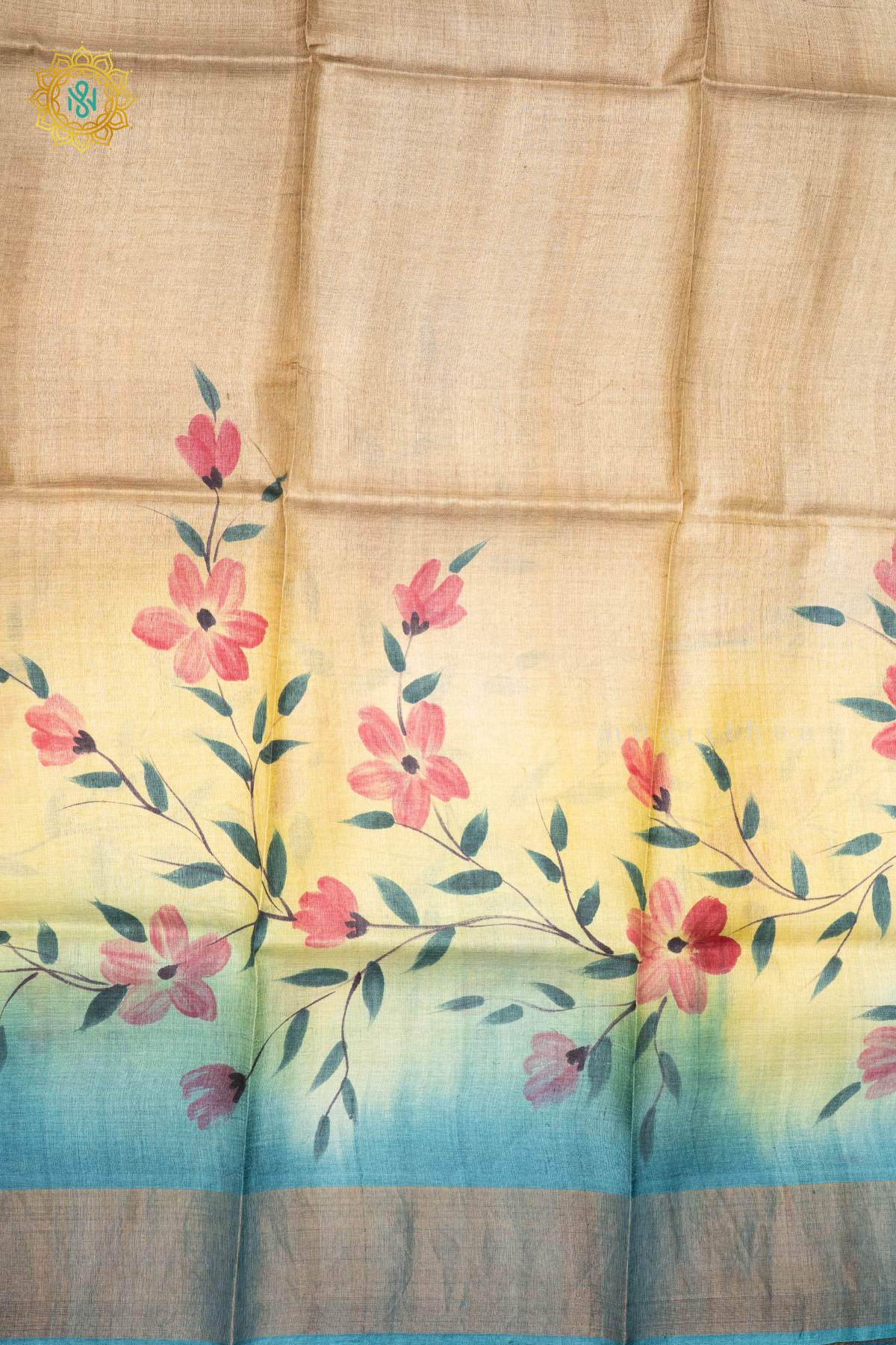 BEIGE WITH AQUA BLUE - PURE TUSSAR SILK WITH HAND PAINTED