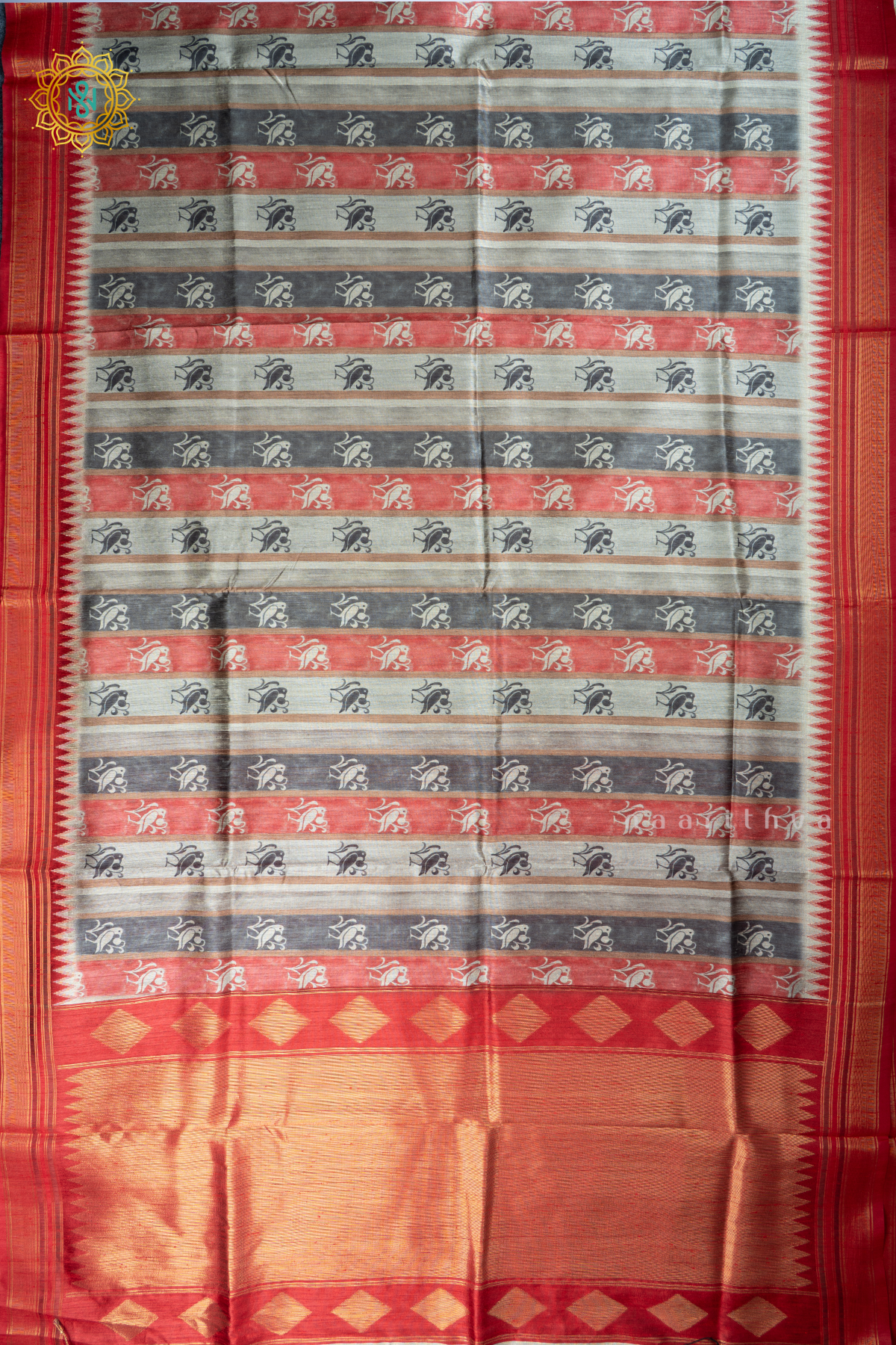 Black With Red Semi Tussar Silk With Printed Body With Zari Border & Pallu