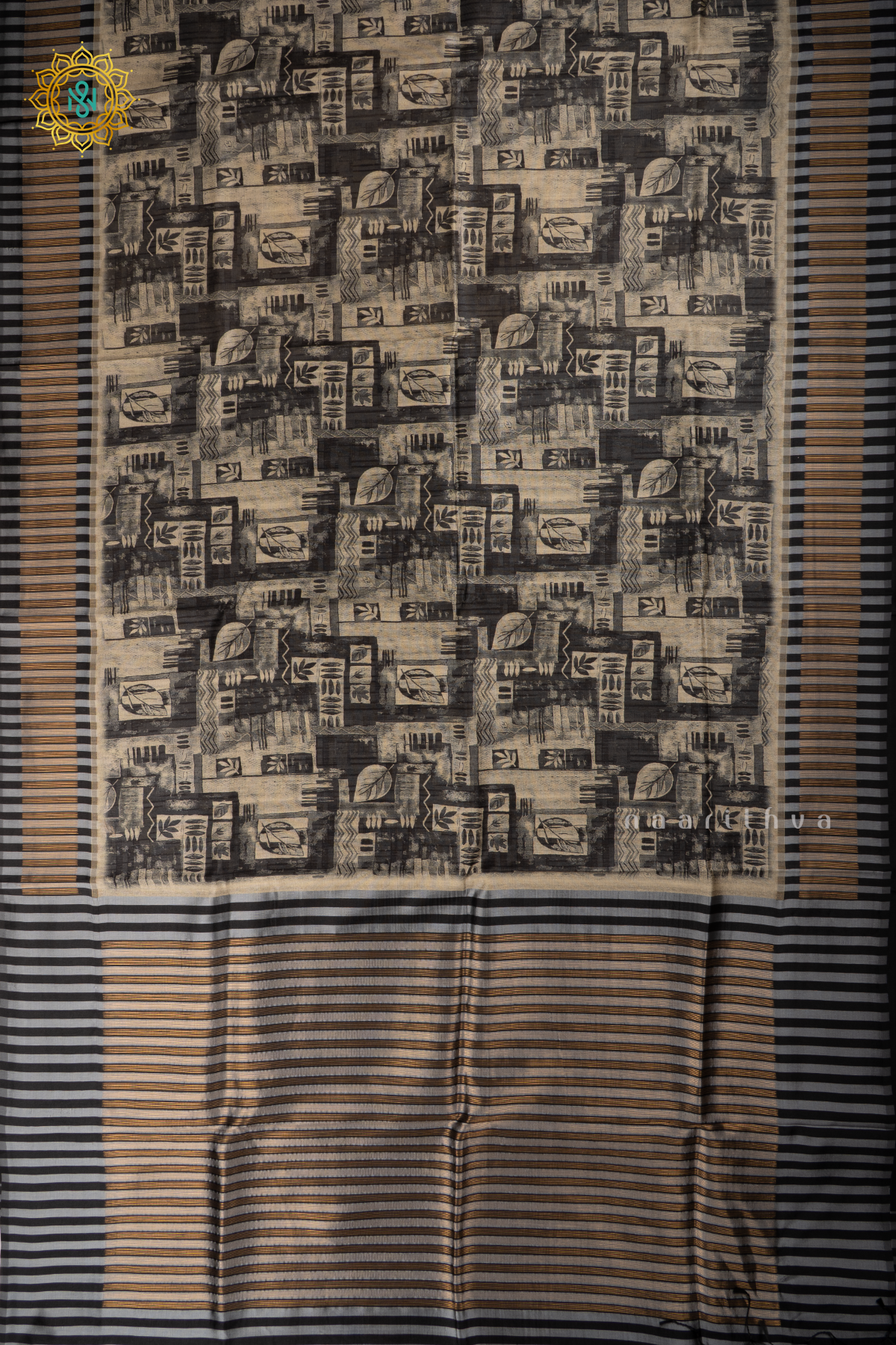 Black Semi Tussar Silk With Printed Body With Zari Border & Pallu
