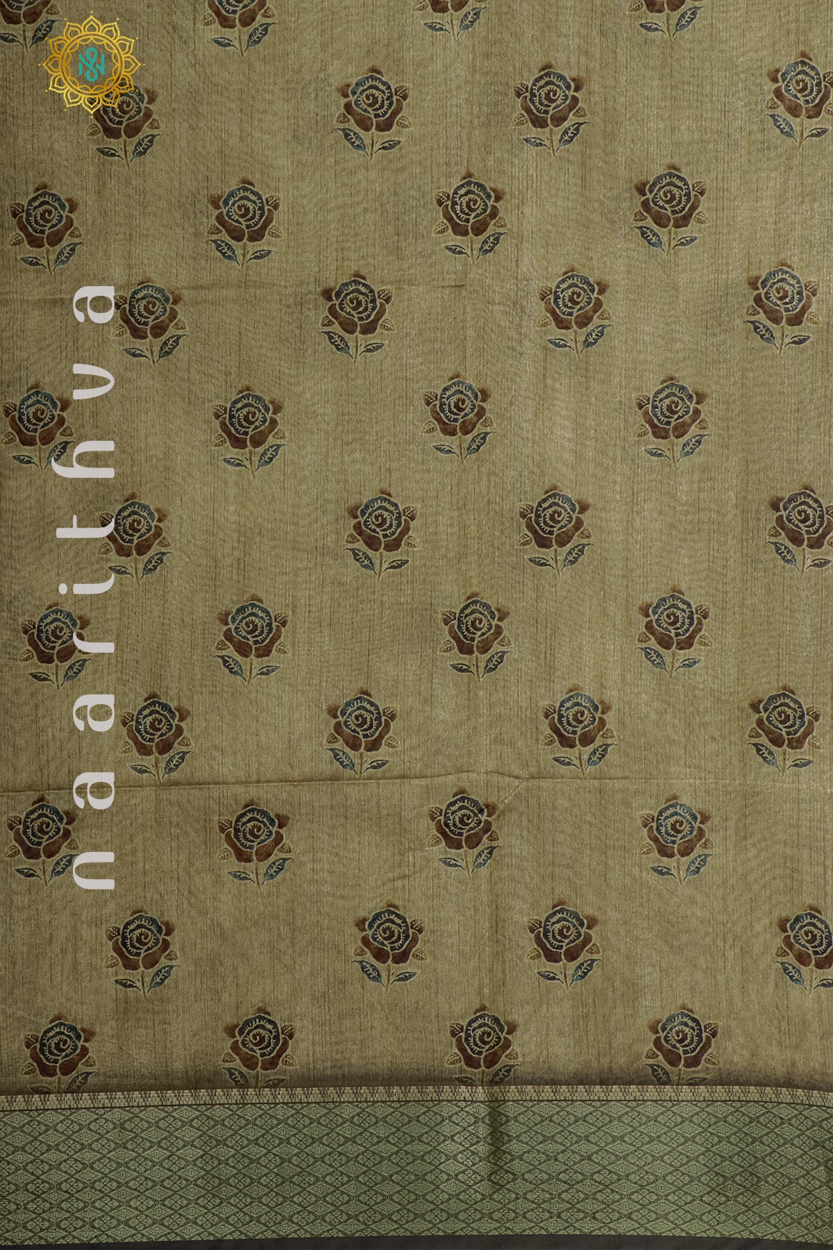 BEIGE WITH GREEN - SEMI TUSSAR SILK