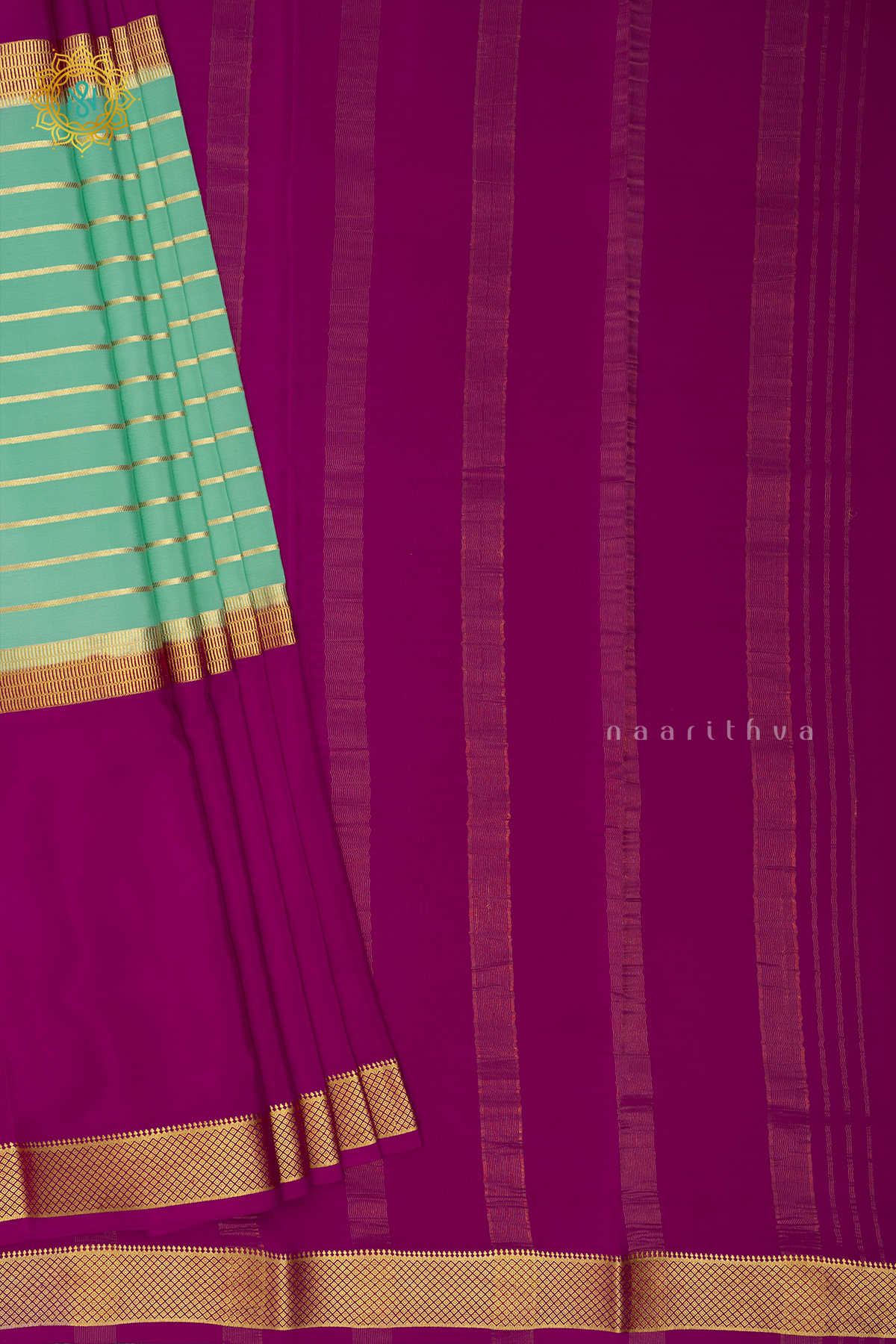 AQUA GREEN WITH PINK - PURE MYSORE CREPE SILK