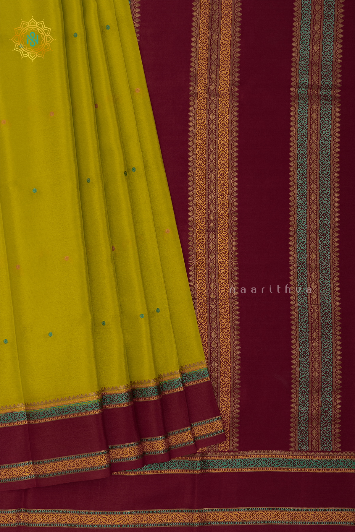 PARROT GREEN WITH MAROON - PURE MYSORE CREPE SILK