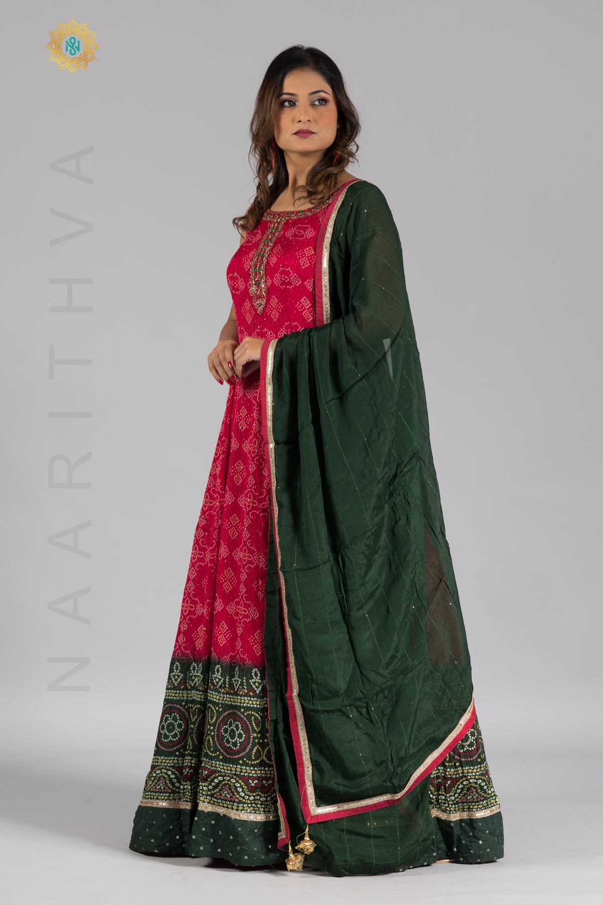 PINK WITH GREEN - PARTY WEAR GOWN WITH NECK LINE HAND WORK & DUPATTA
