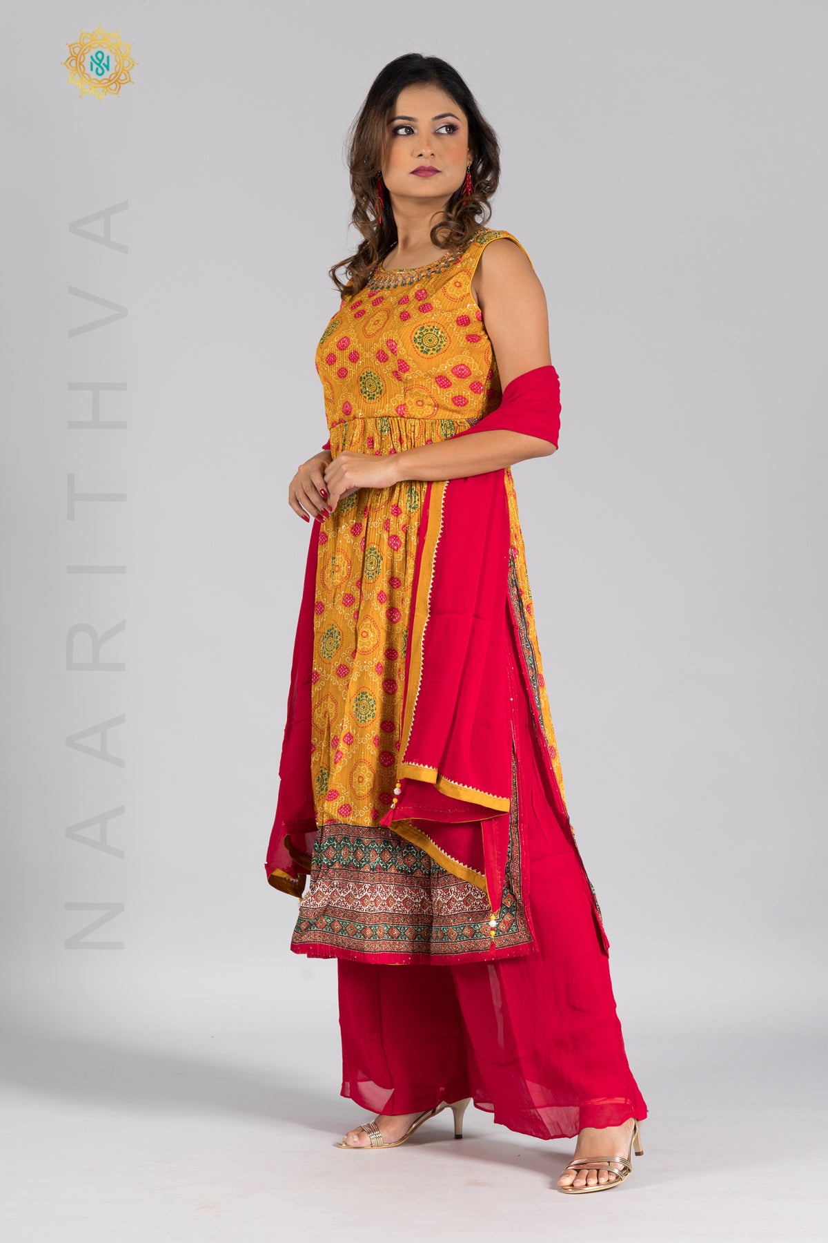 YELLOW WITH RED - PRINTED NAYRA CUT SALWAR SUIT WITH PALAZZO PANT & DUPATTA