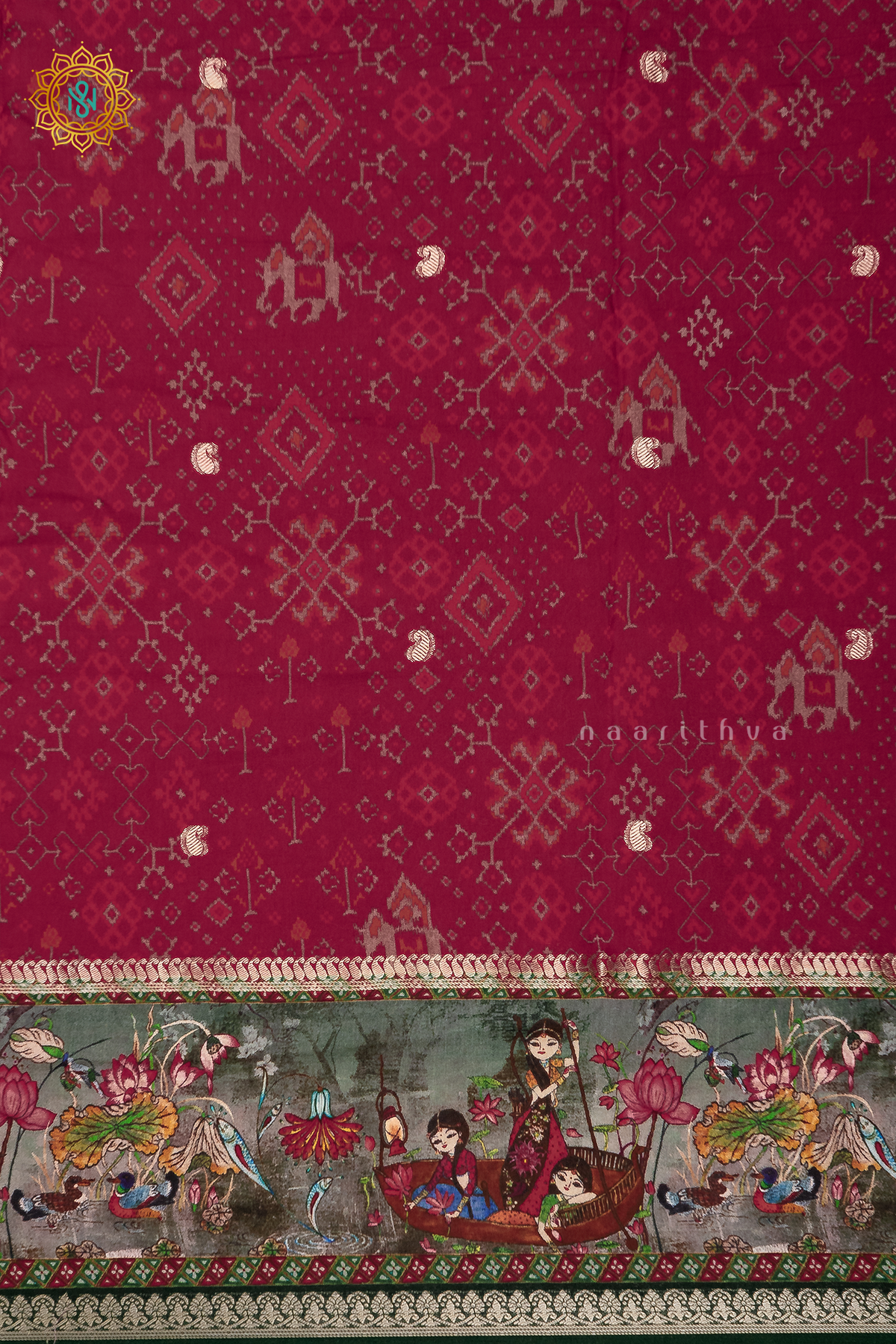 RED WITH GREEN - SEMI CREPE SILK