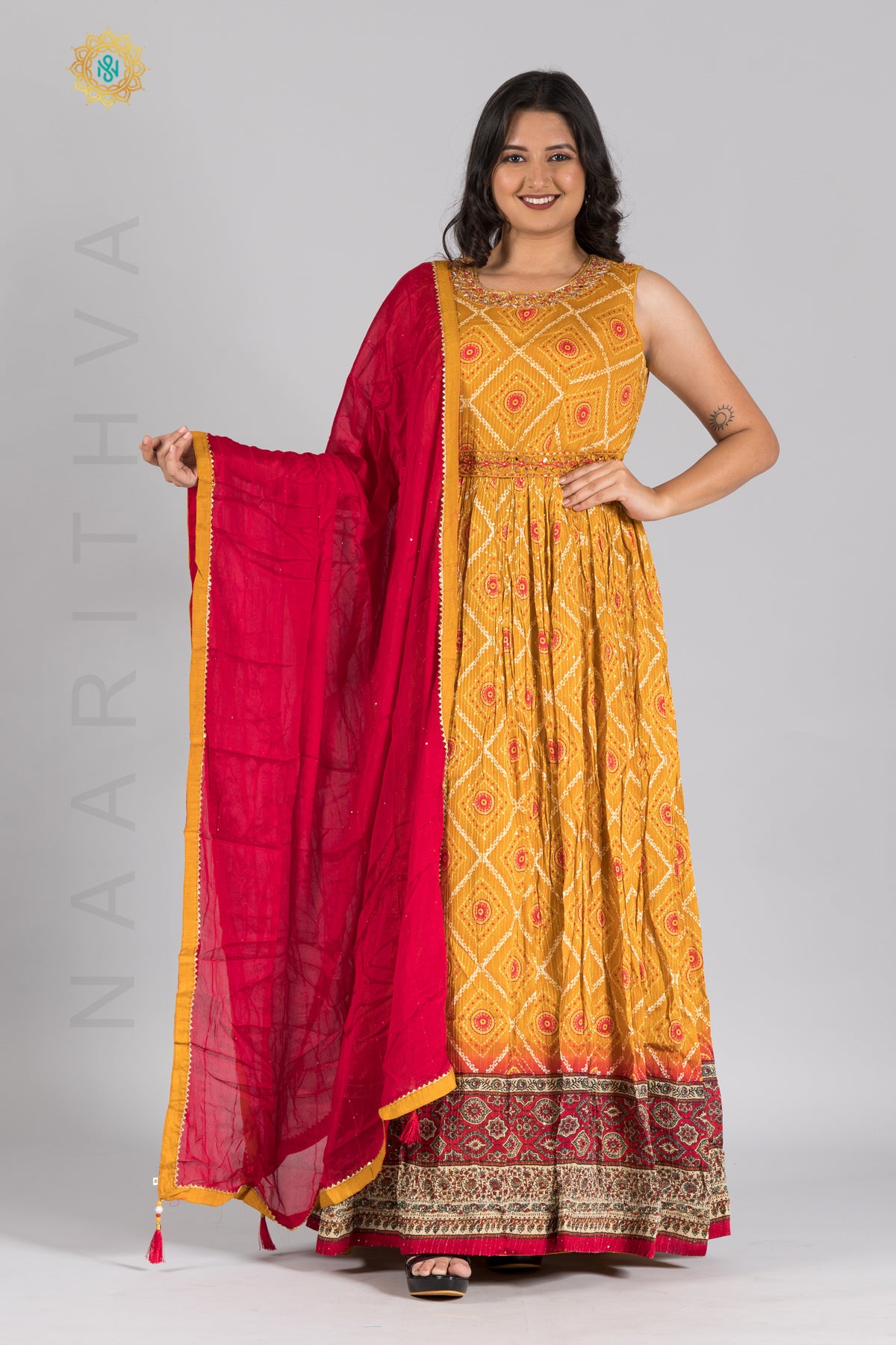 YELLOW WITH RED - PARTY WEAR GOWN WITH NECK EMBROIDERY & DUPATTA