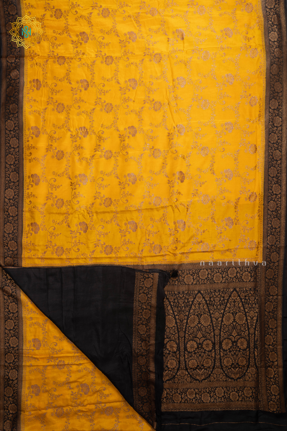 Yellow with Black Semi Crepe Silk with Allover Woven Buttas and Contrast Zari Border,Pallu and Blouse