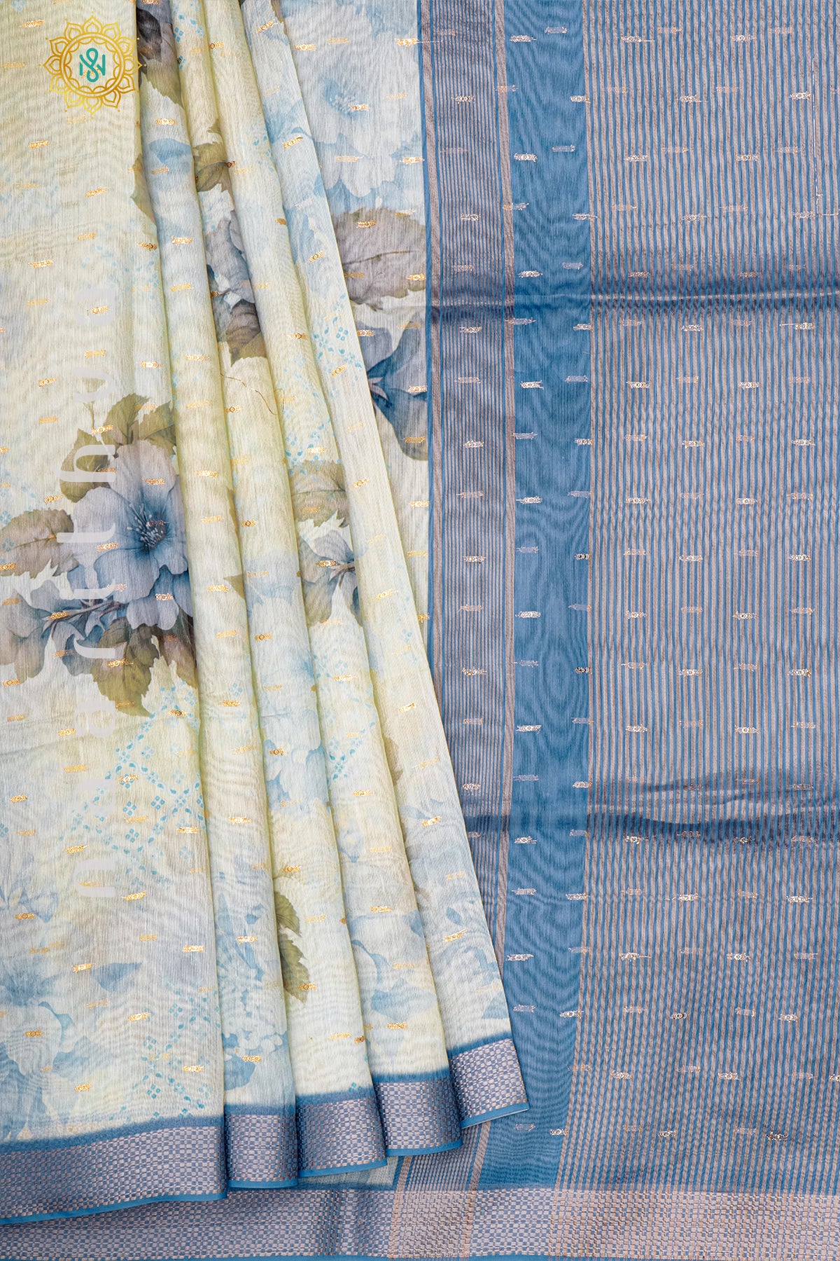 OFF WHITE WITH BLUE - CHANDERI SILK COTTON